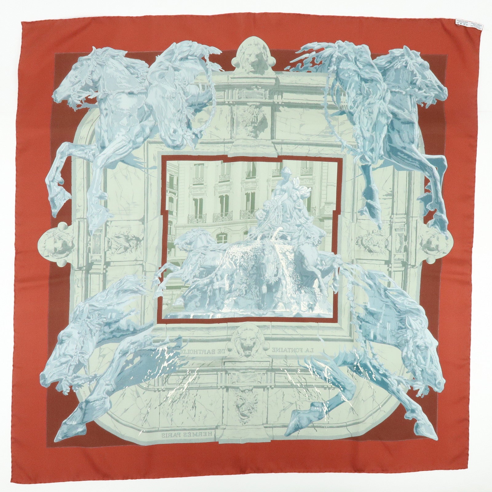 HERMES Carre 90 Silk 100% Scarf LA FONTAINE DE BARTHOLDI Gray Red