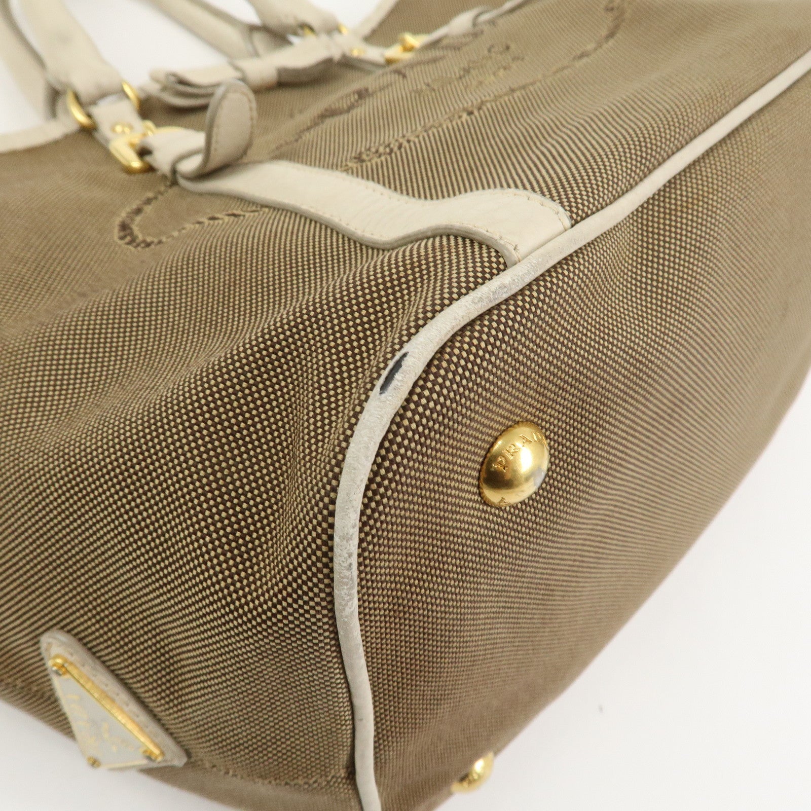 PRADA Logo Jacguard Leather 2Way Tote Bag Brown Ivory BN1841
