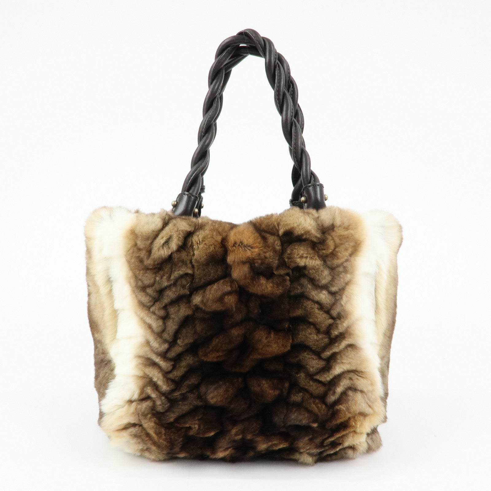 Ferragamo Gancini Rabbit Fur Leather Hand Bag Tote Bag Brown