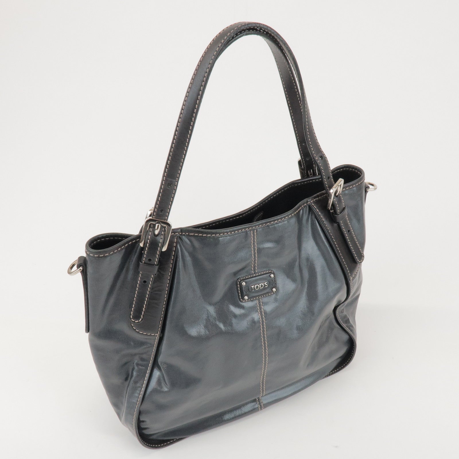 TOD'S PVC Coated Canvas Leather Tote Bag Hand Bag Black