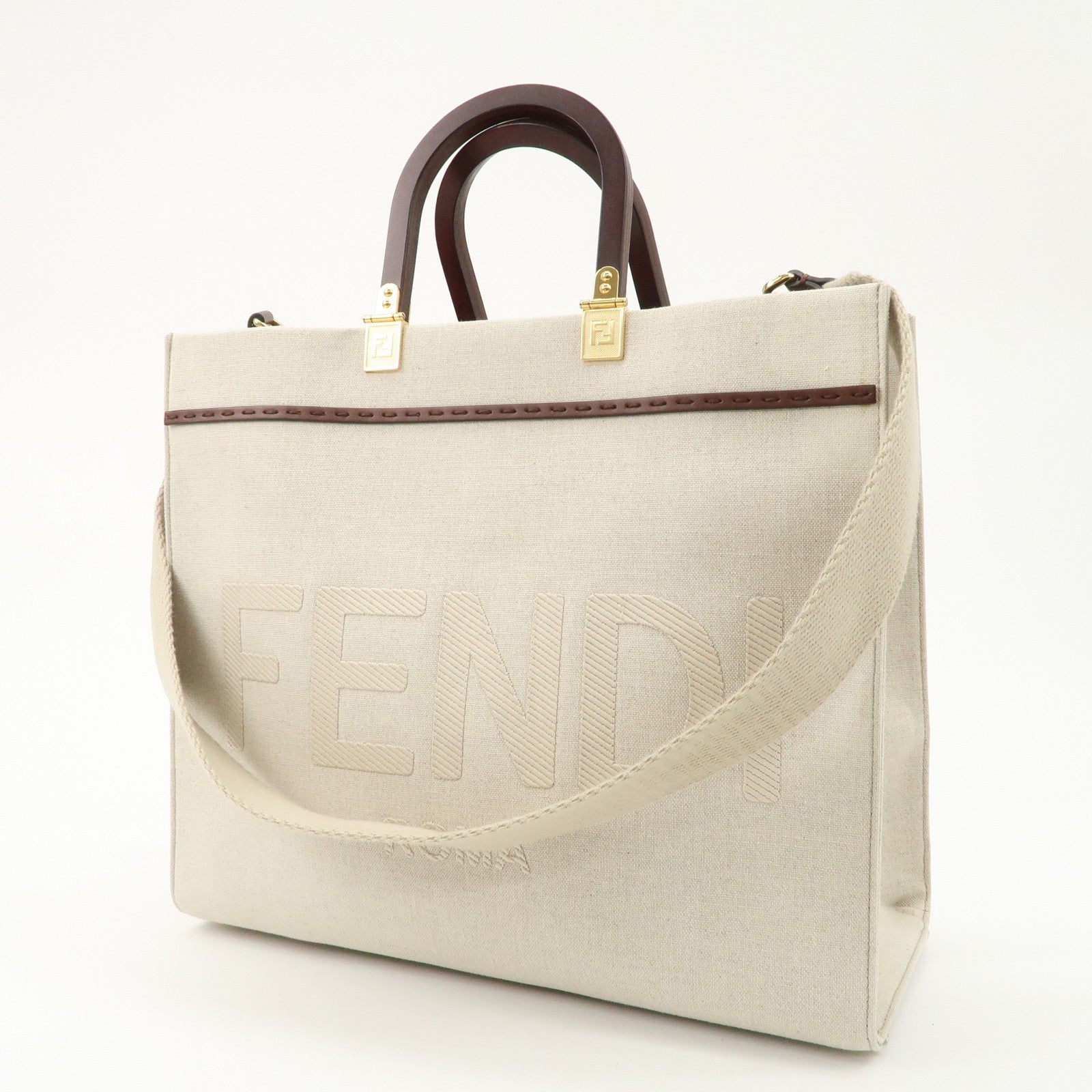 FENDI Leather Canvas Sunshine Medium Tote Bag Natural 8BH386