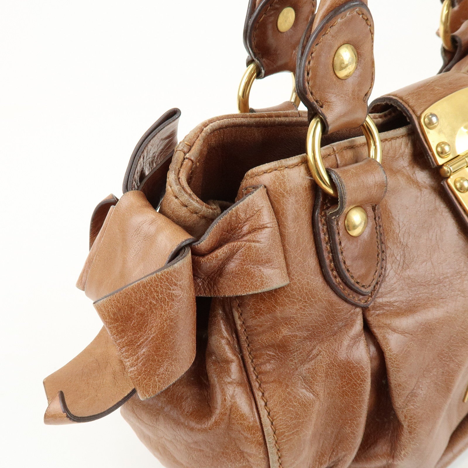 MIU MIU Leather Side Ribbon 2Way Shoulder Bag Hand Bag Brown RN0686