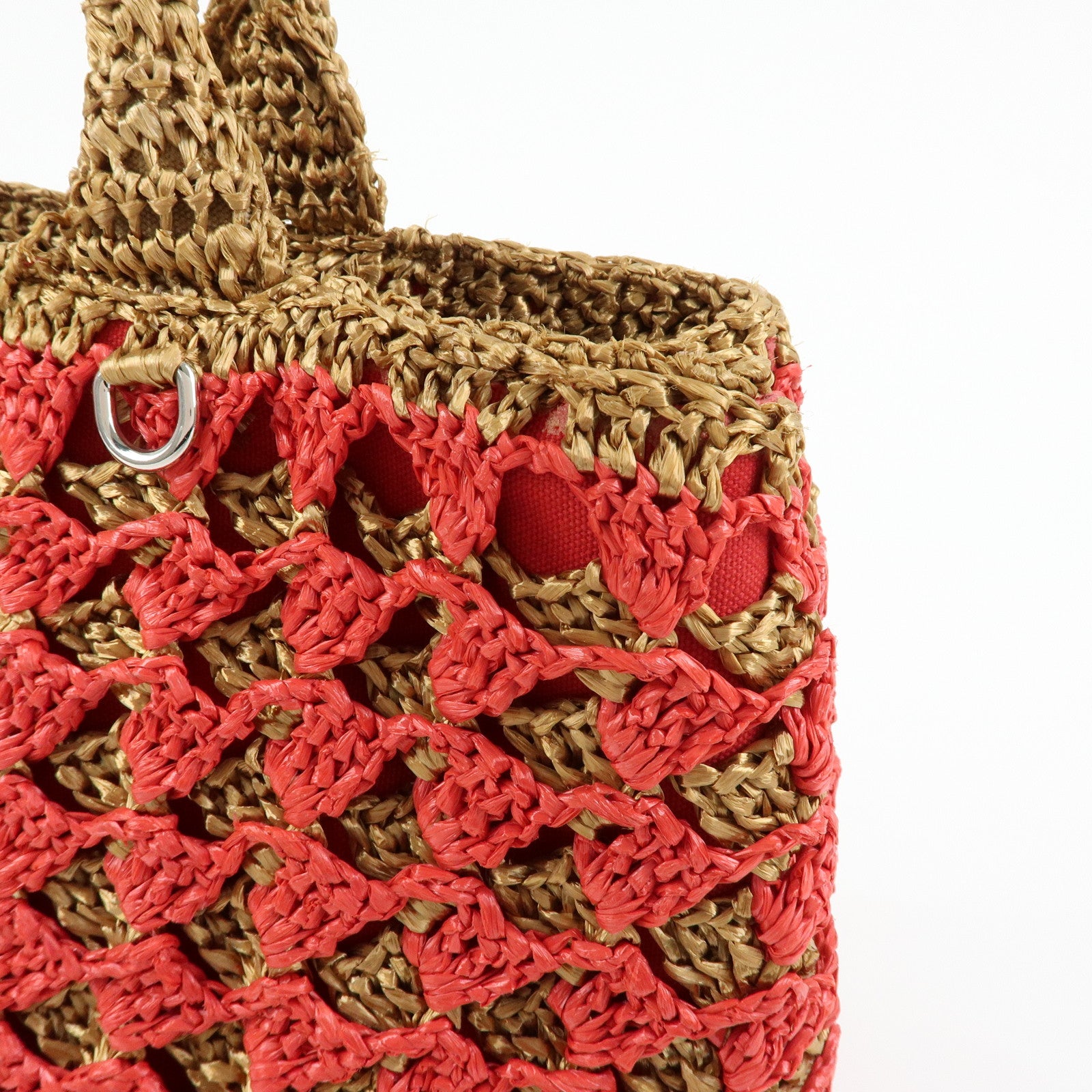 PRADA Triangle Logo Raffia 2Way Bag Hand Bag Shoulder Bag Red Brown