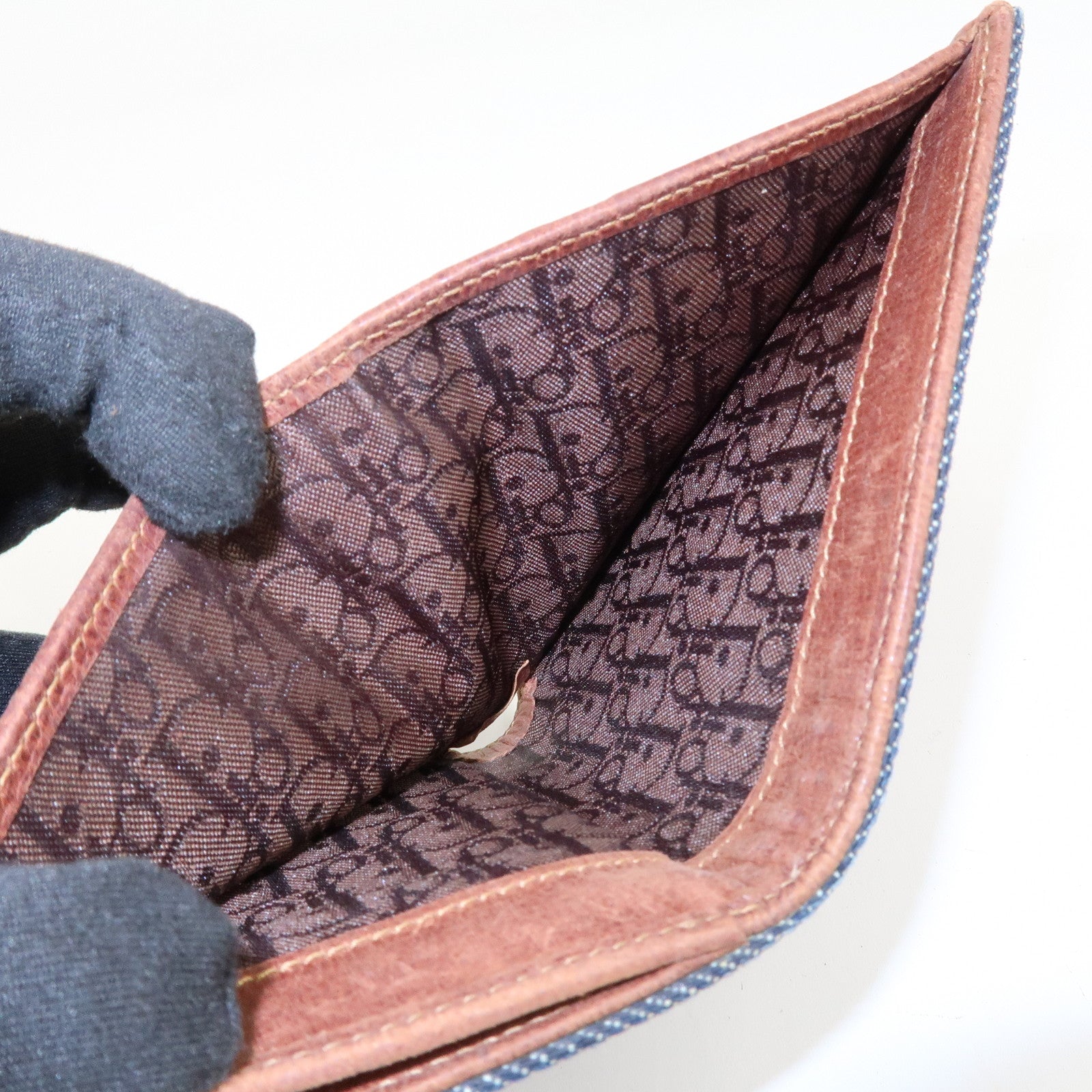 Christian Dior Leather Denim Bi-fold Compact Wallet 46BM-0024 Used