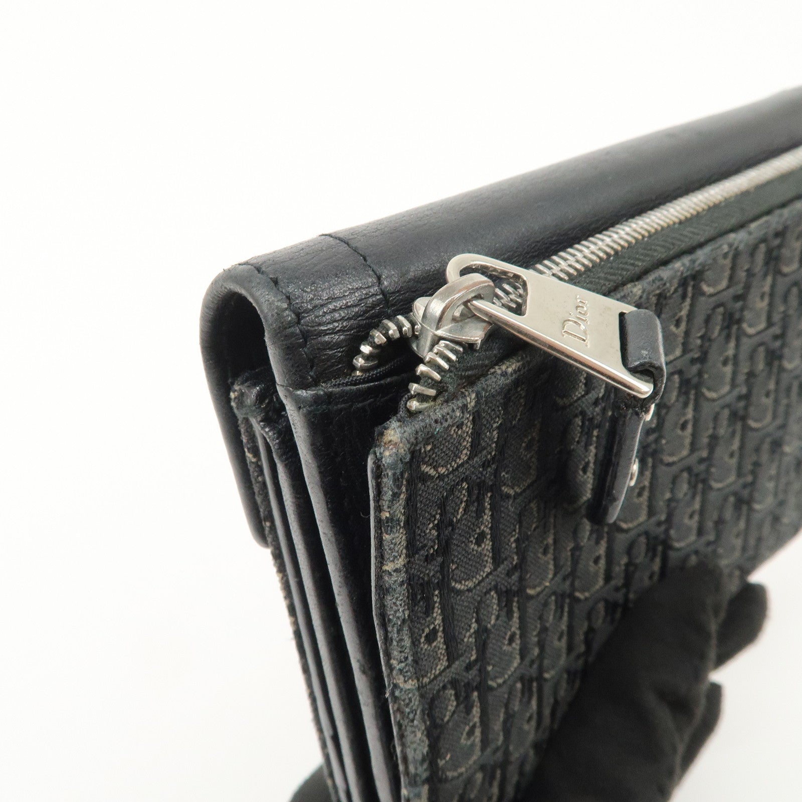 Christian Dior Trotter Leather Canvas Tri-Hold Wallet Black Silver