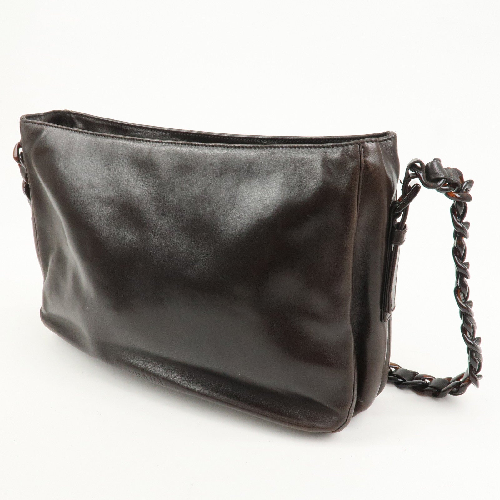 PRADA Logo Suede Leather Plastic Chain Shoulder Bag Brown