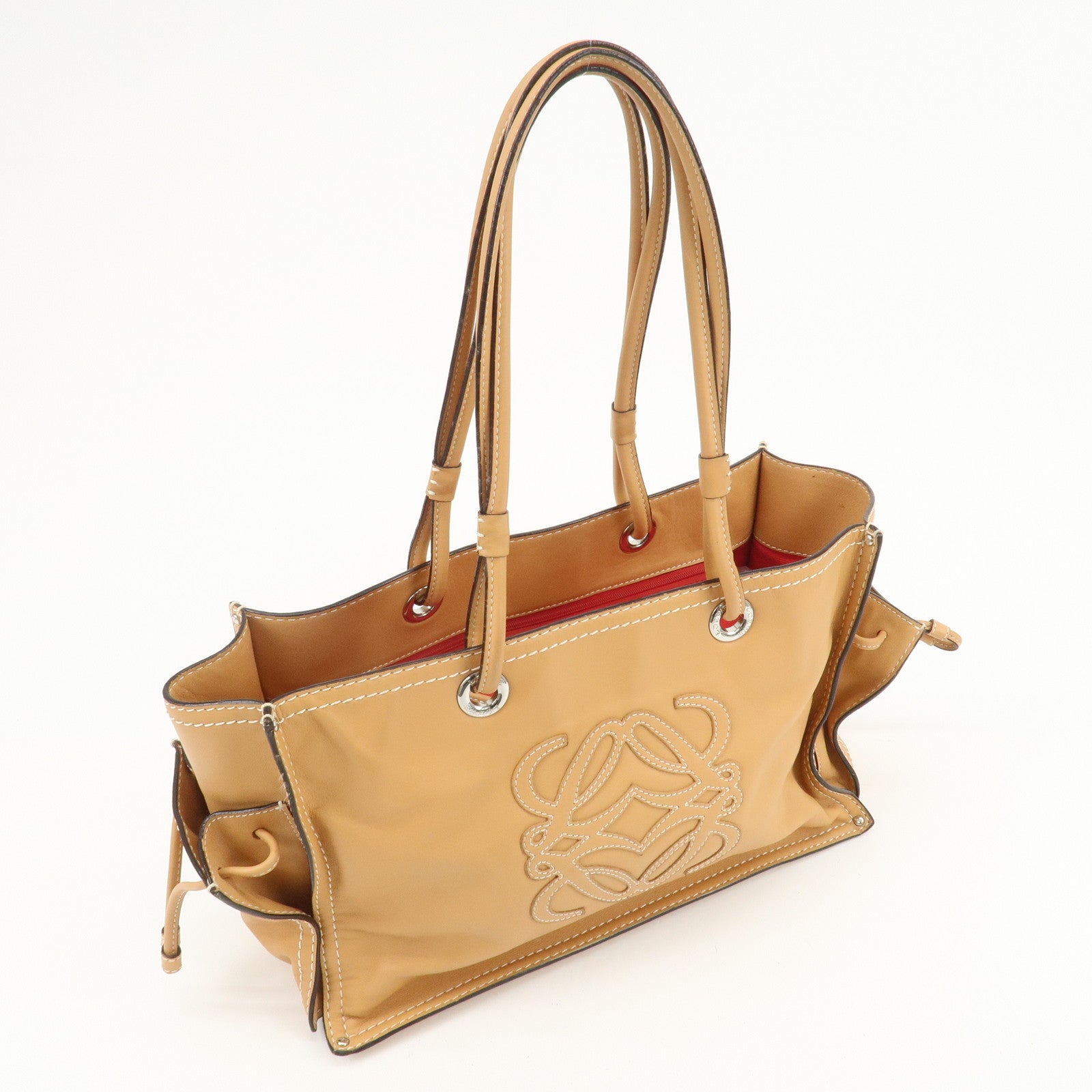 LOEWE Anagram Leather Shopper Tote Bag Hand Bag Light Brown