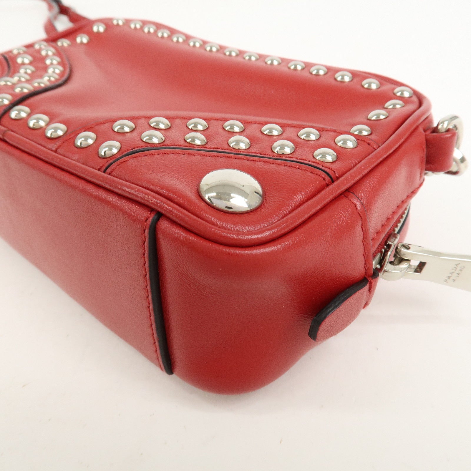 PRADA Logo Leather Mini Shoulder Bag Camera Bag Studs Red 1N1674