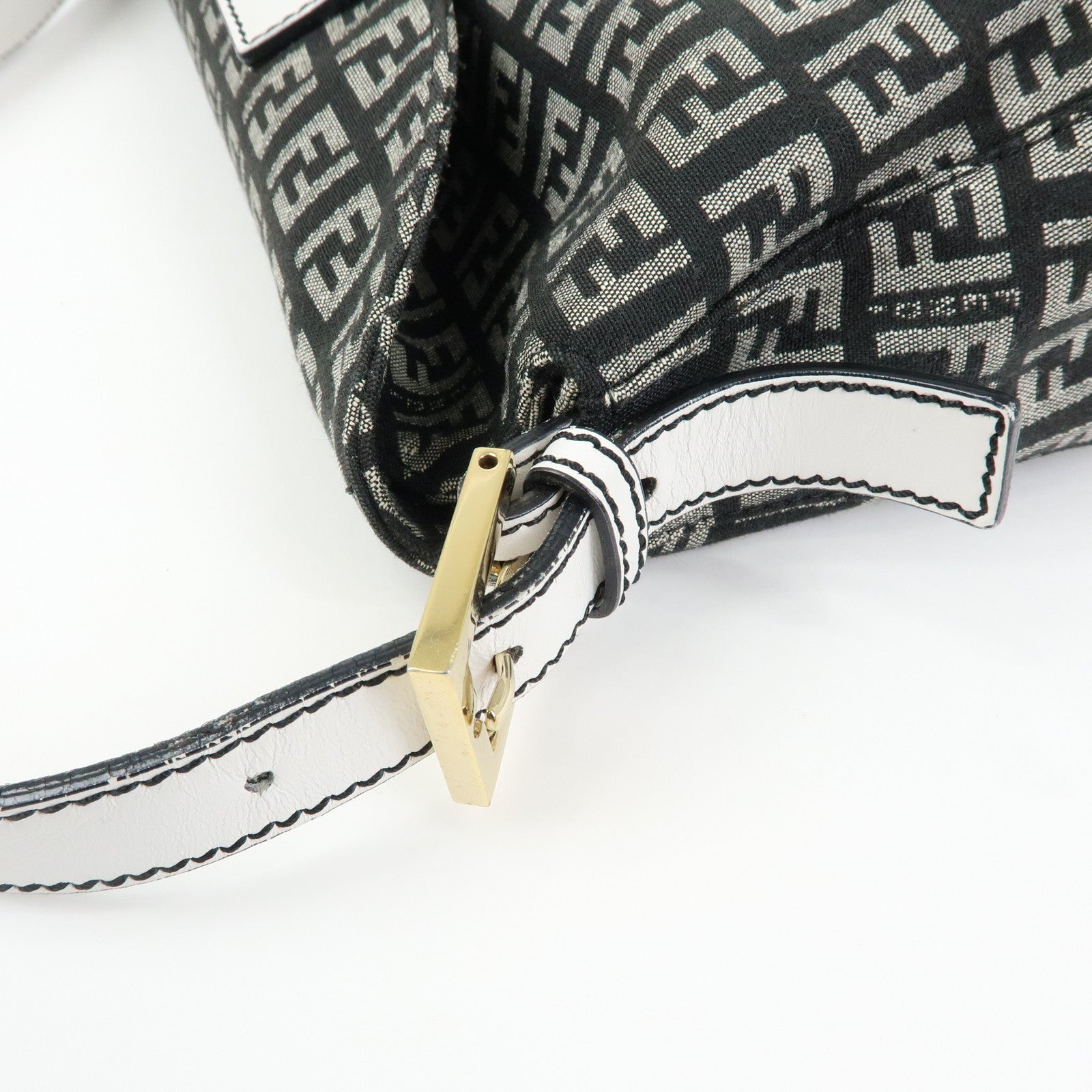 FENDI Zucchino Canvas Leather Shoulder Hand Bag Black White 8BR003