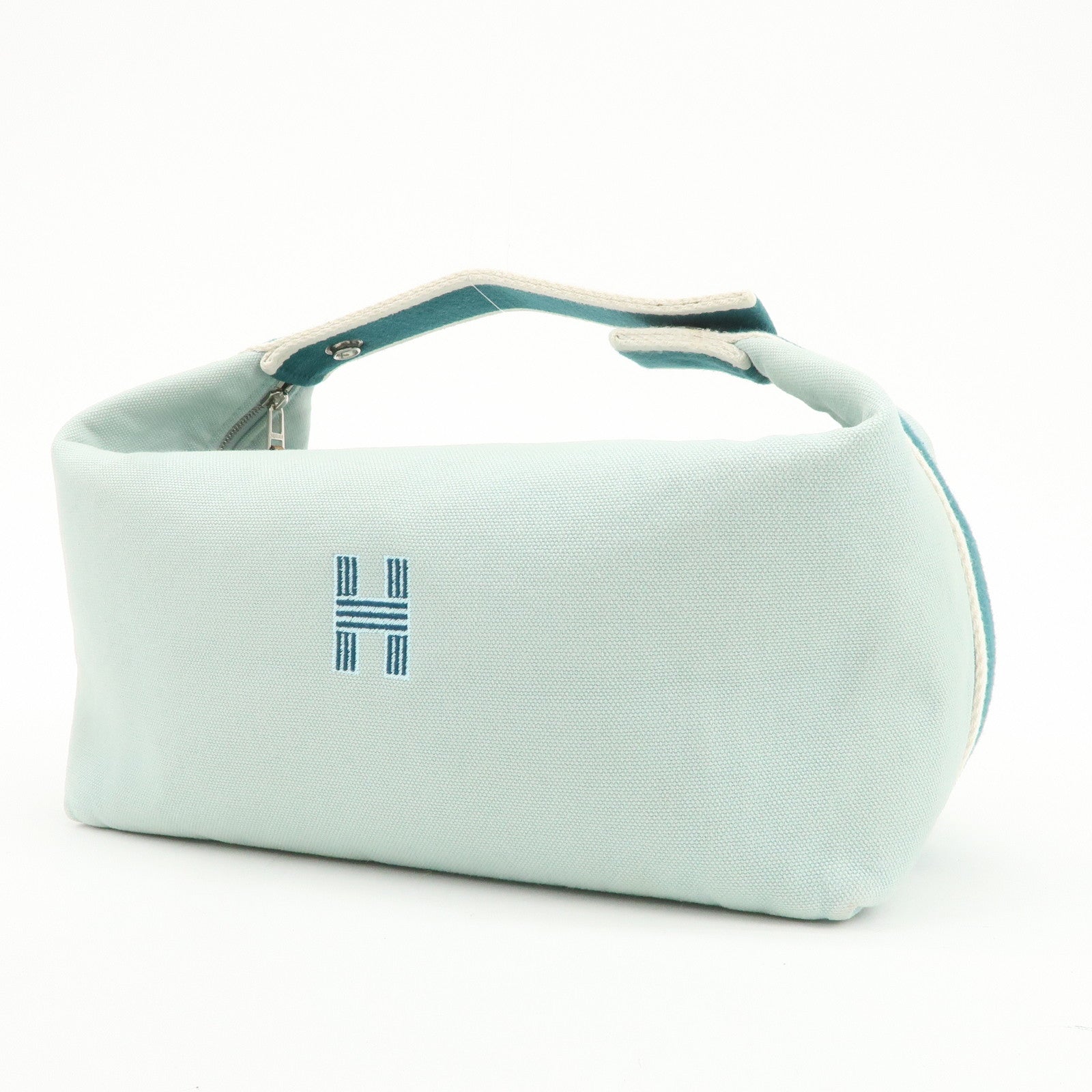 HERMES Bride A Brac GM Canvas Leather Hand Bag Pouch Light Blue