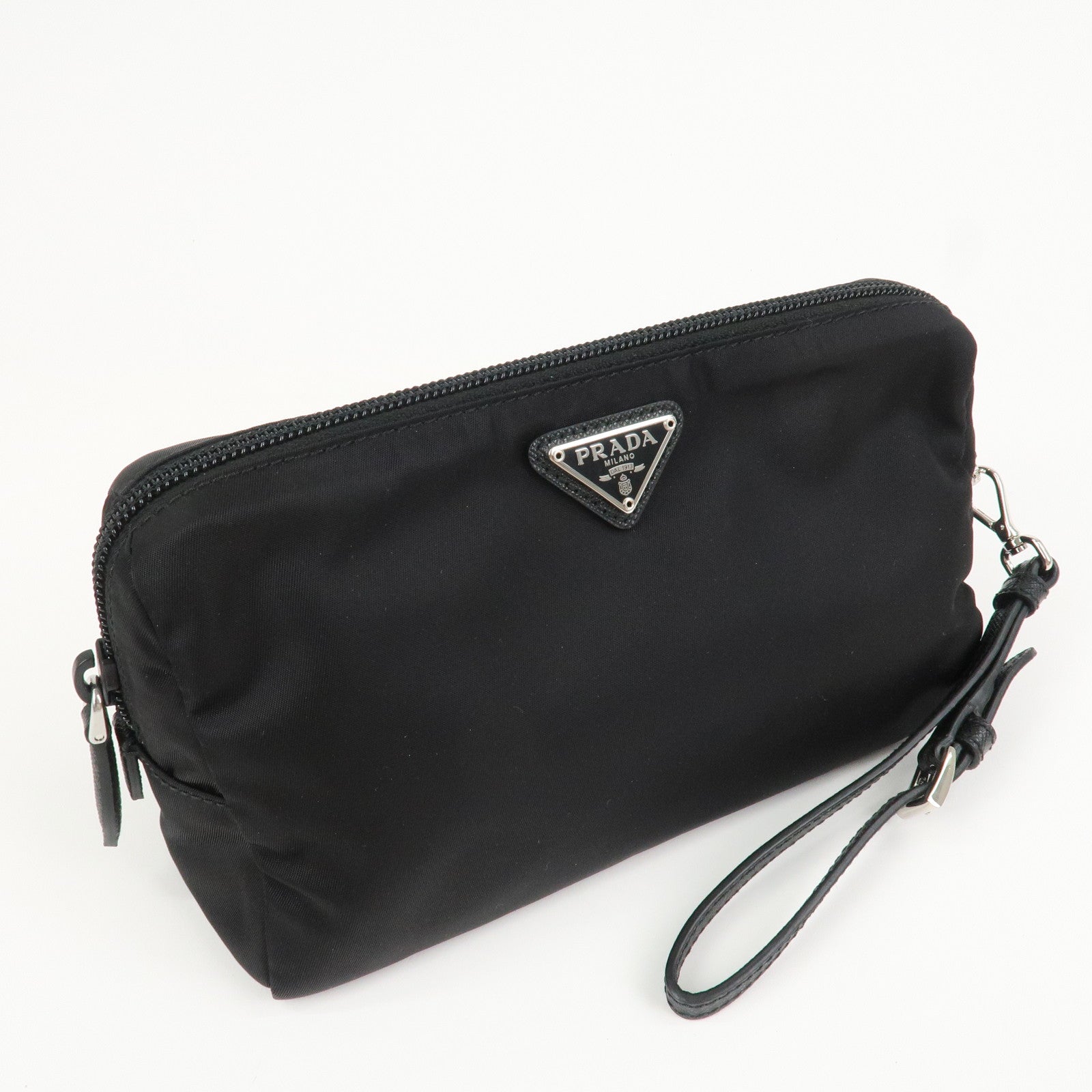 PRADA Logo Nylon Leather Pouch Cosmetic Pouch Black 1NE693