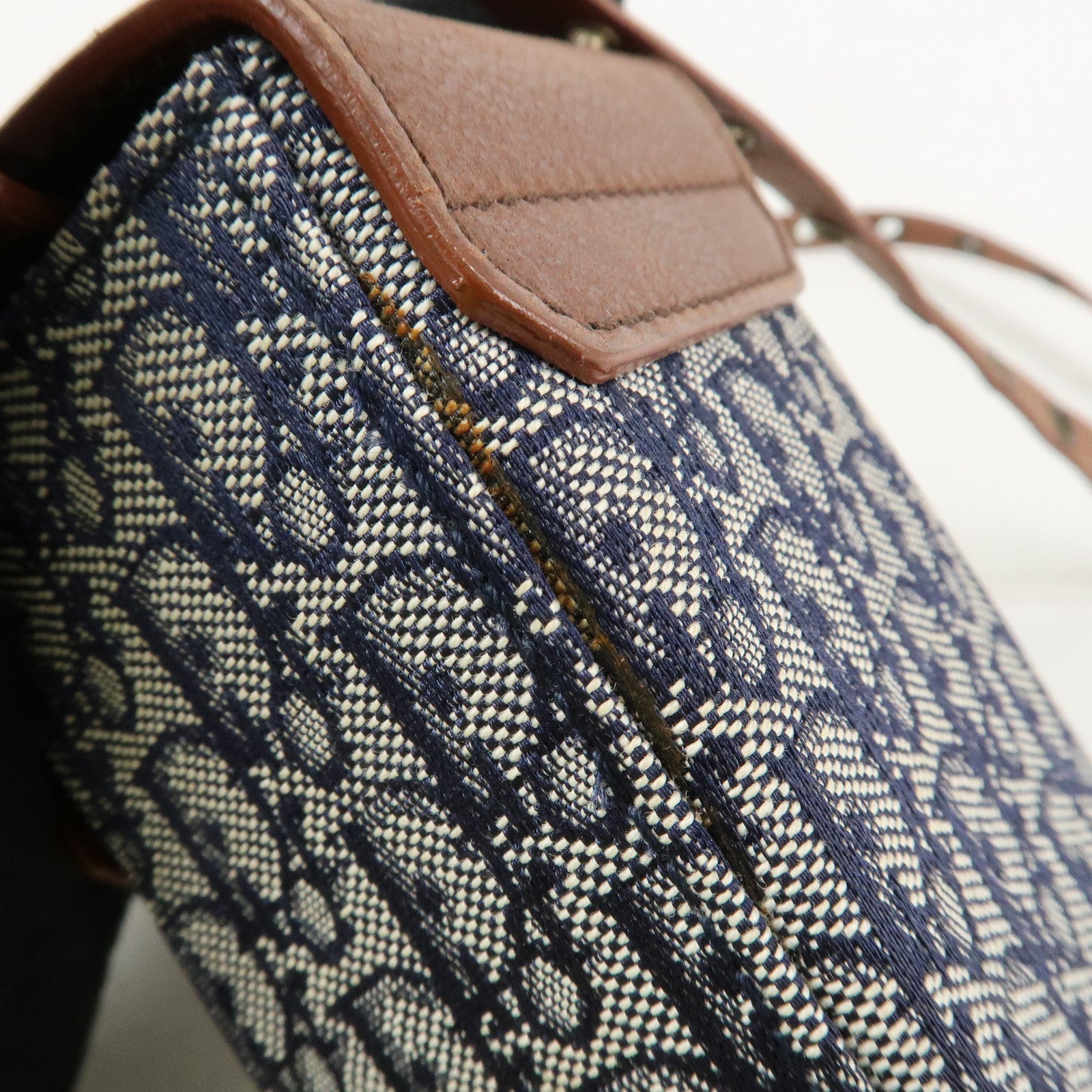 Christian Dior Trotter Canvas Leather Shoulder Bag Navy Brown Used