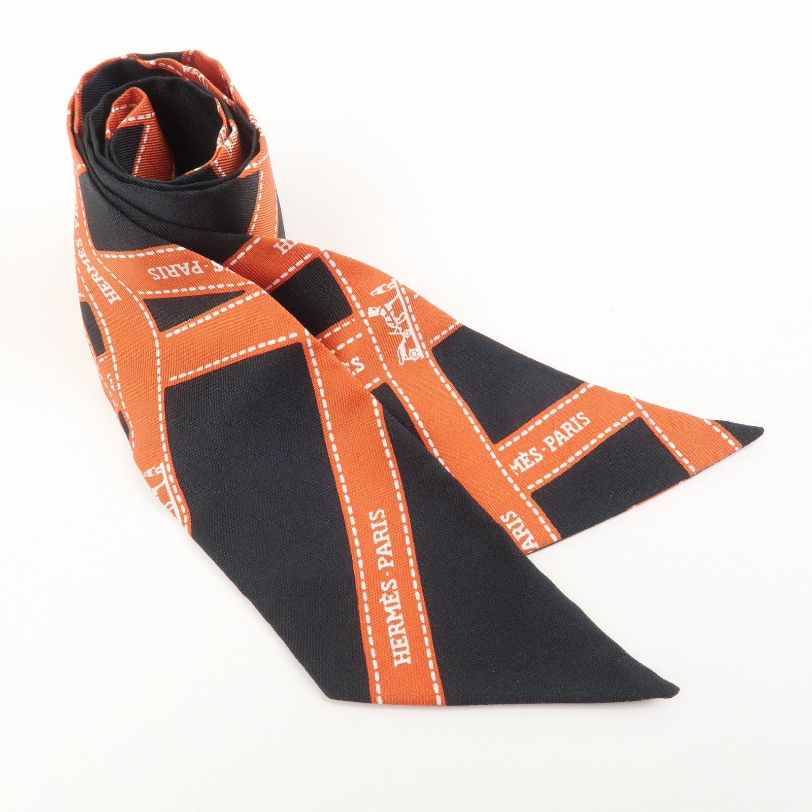 HERMES Twilly Silk 100% Bolduc Scarf Black Orange