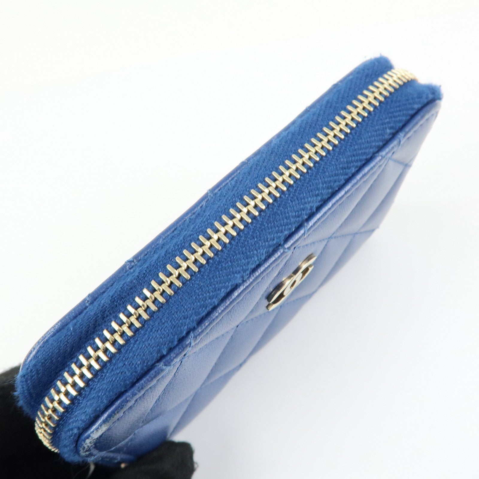 CHANEL Matelasse COCO Mark Lamb Skin Coin Case Card Case Blue
