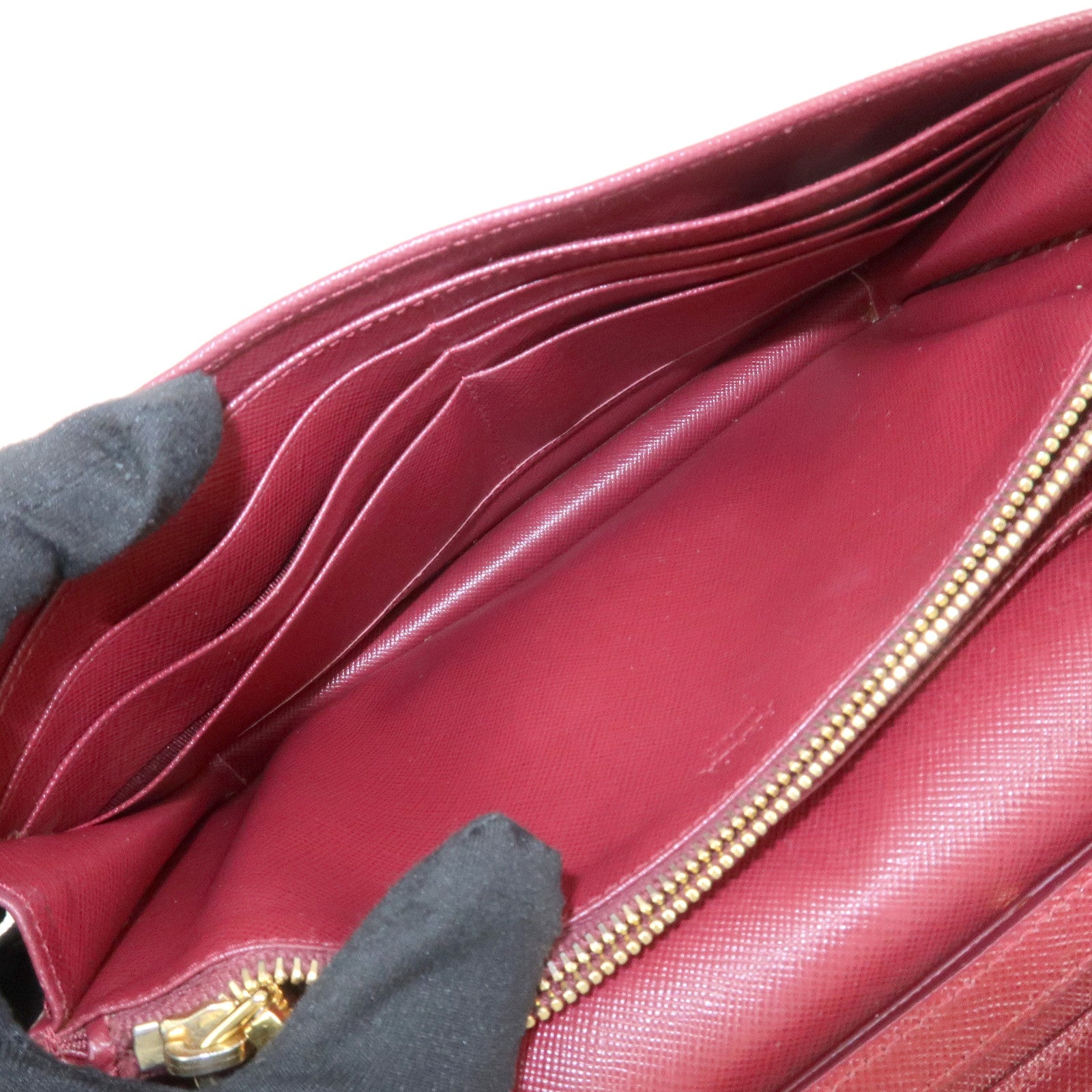 PRADA Saffiano Leather Shoulder Wallet Red Gold BT1019