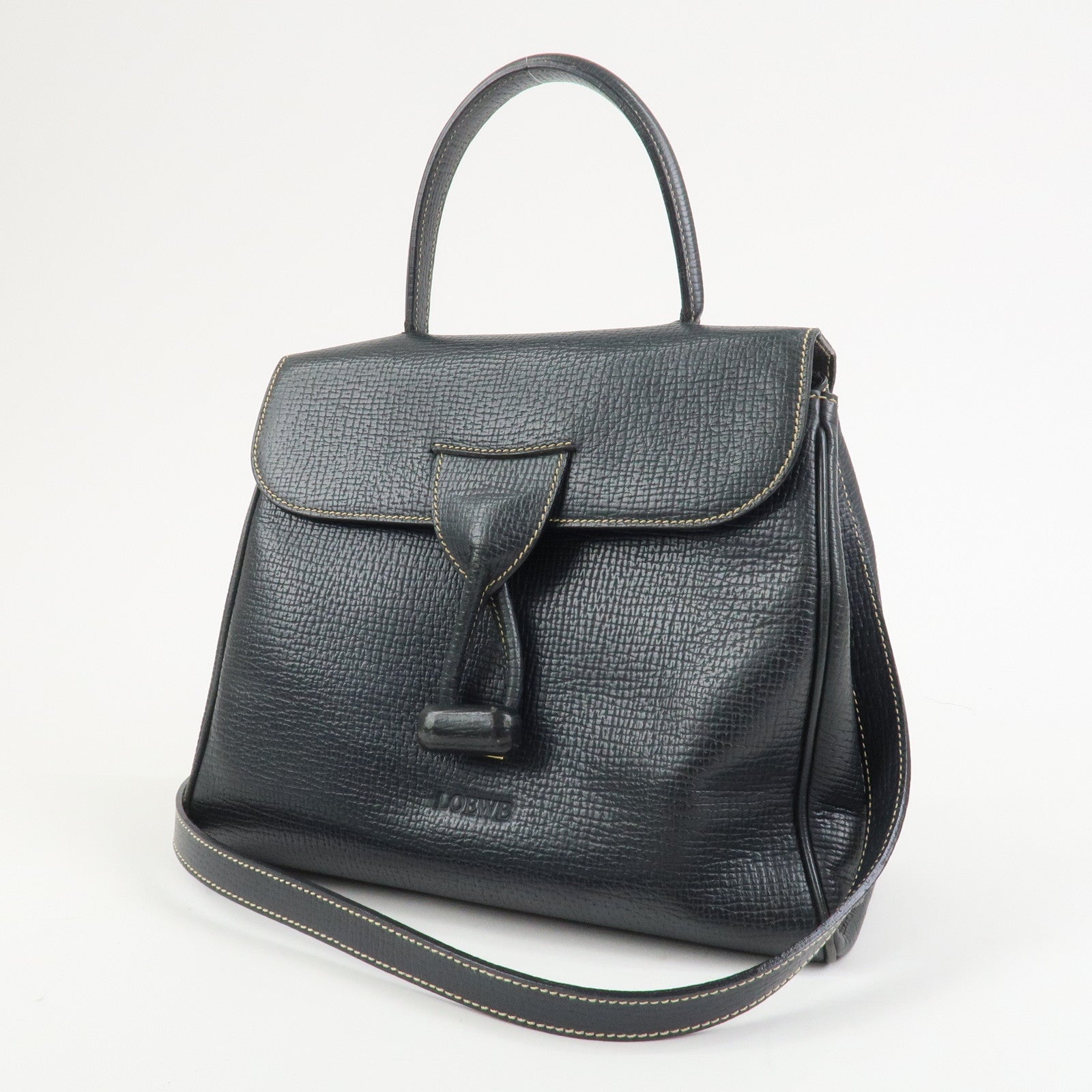 LOEWE Leather 2Way Bag Hand Bag Shoulder Bag Dark Navy