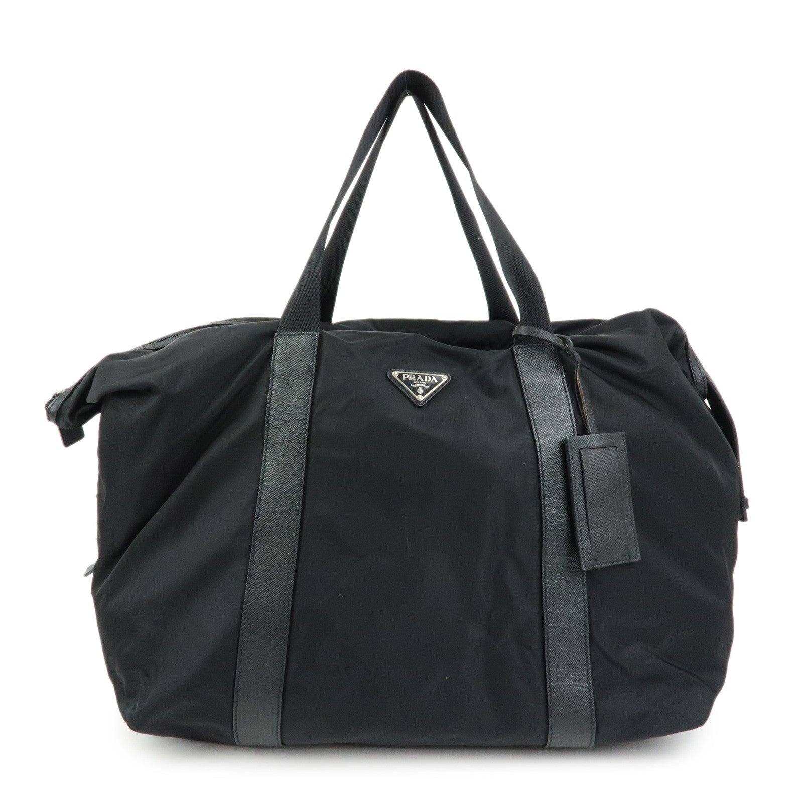 PRADA Triangle Logo Nylon Leather Boston Bag Hand Bag Black
