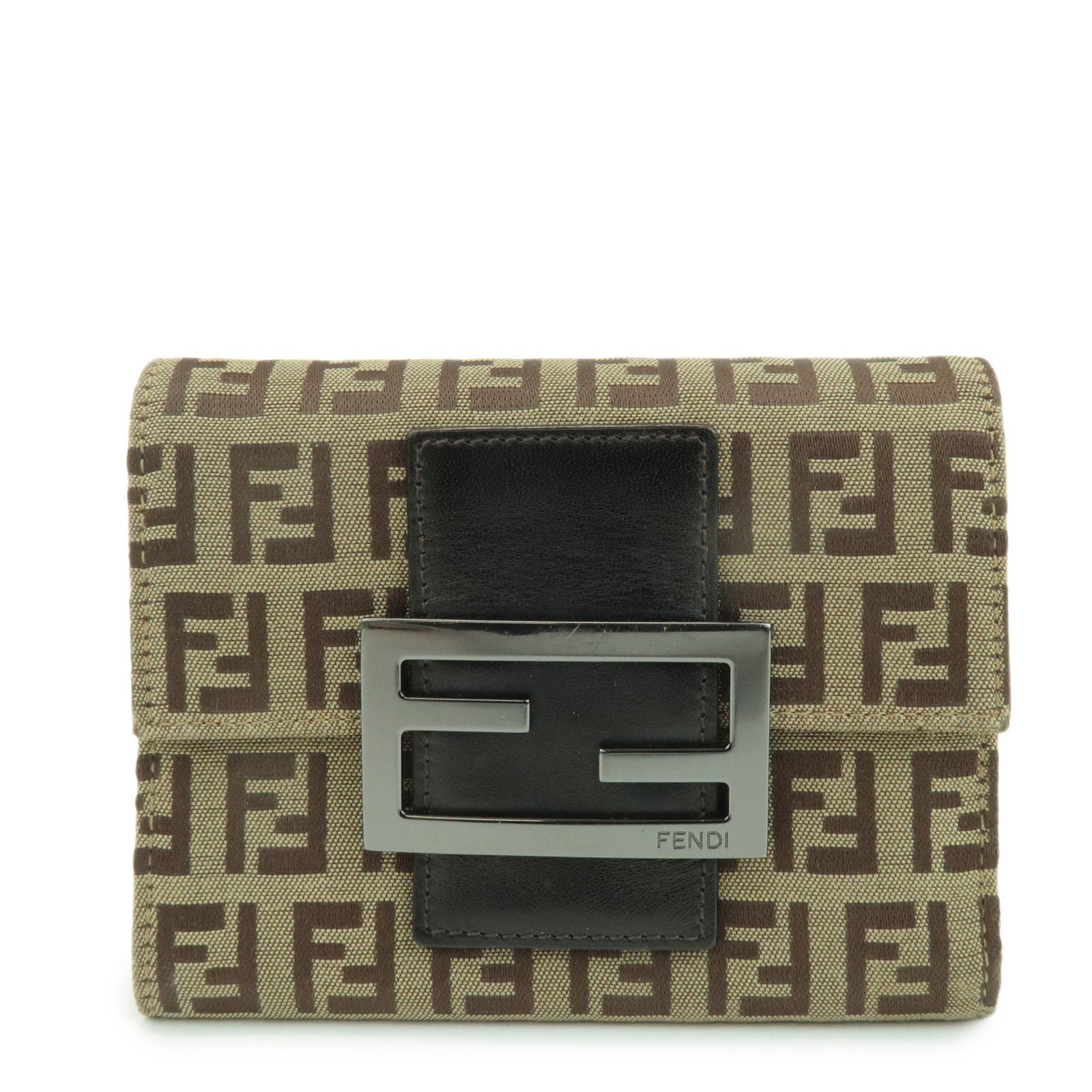 FENDI Zucchino Canvas Leather Tri-fold Wallet Beige Brown 8M0023 Used