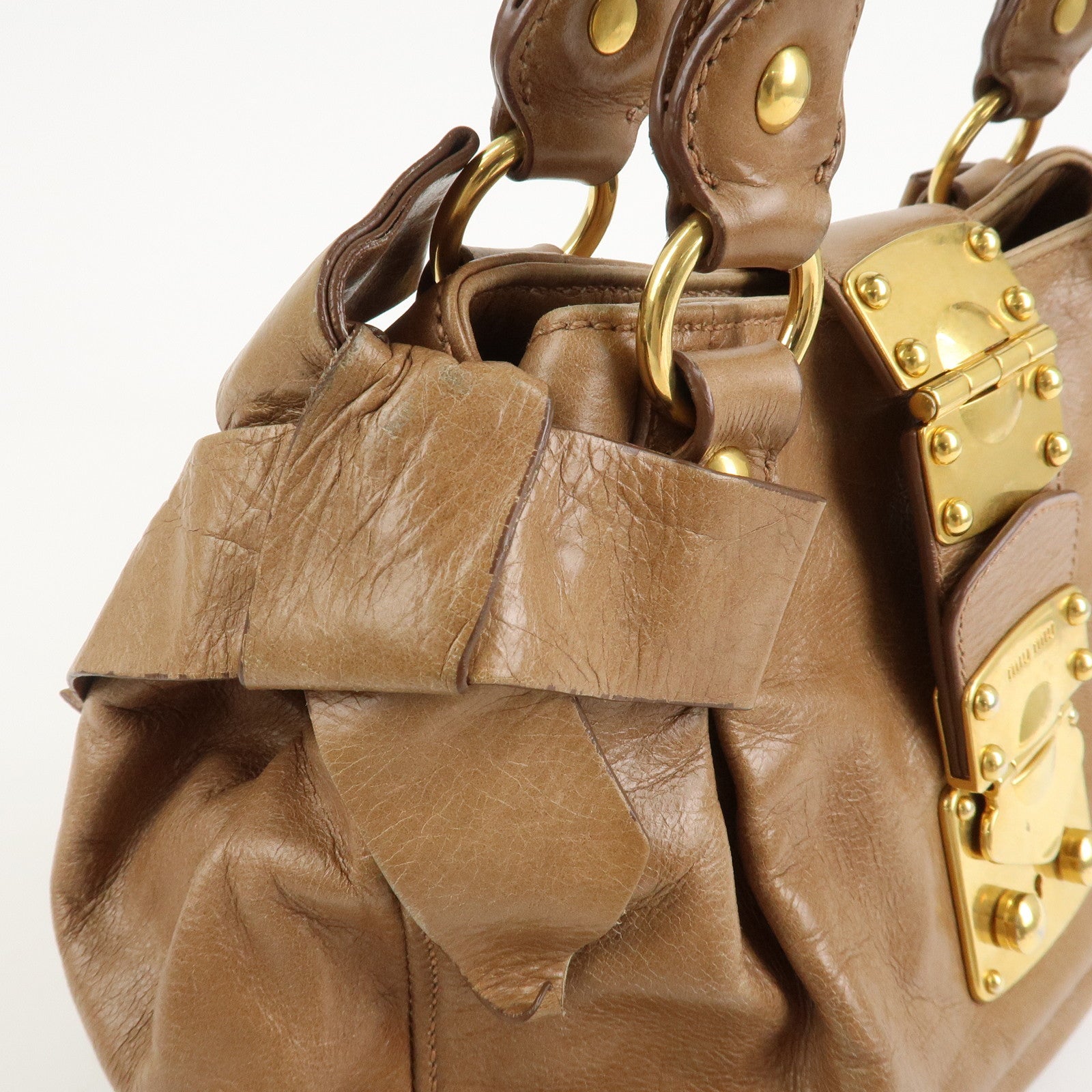 MIU MIU Leather Side Ribbon 2Way Bag Hand Bag Beige Gold
