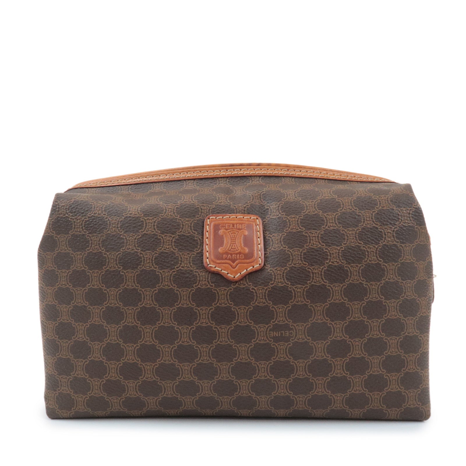 CELINE Macadam PVC Leather Canvas Pouch Brown Gold Hardware