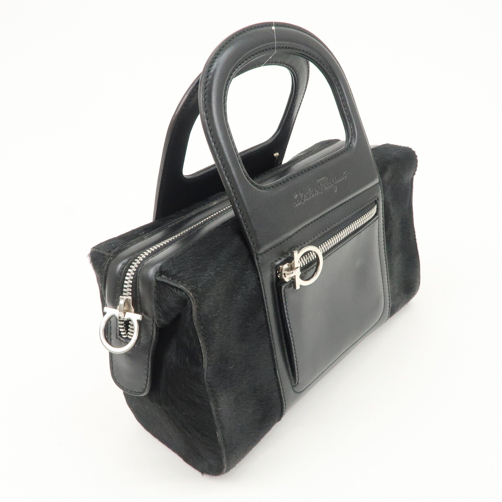 Ferragamo Gancini Leather Unborn Calf Hand Bag Black Used