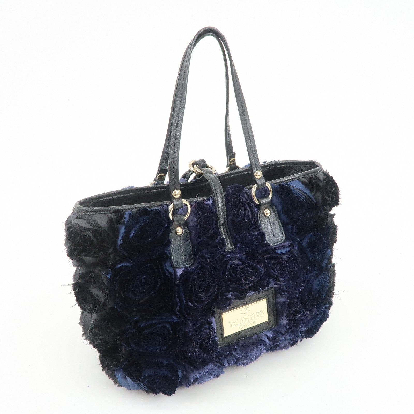 VALENTINO Logo Nylon Leather Hand Bag Navy Gold