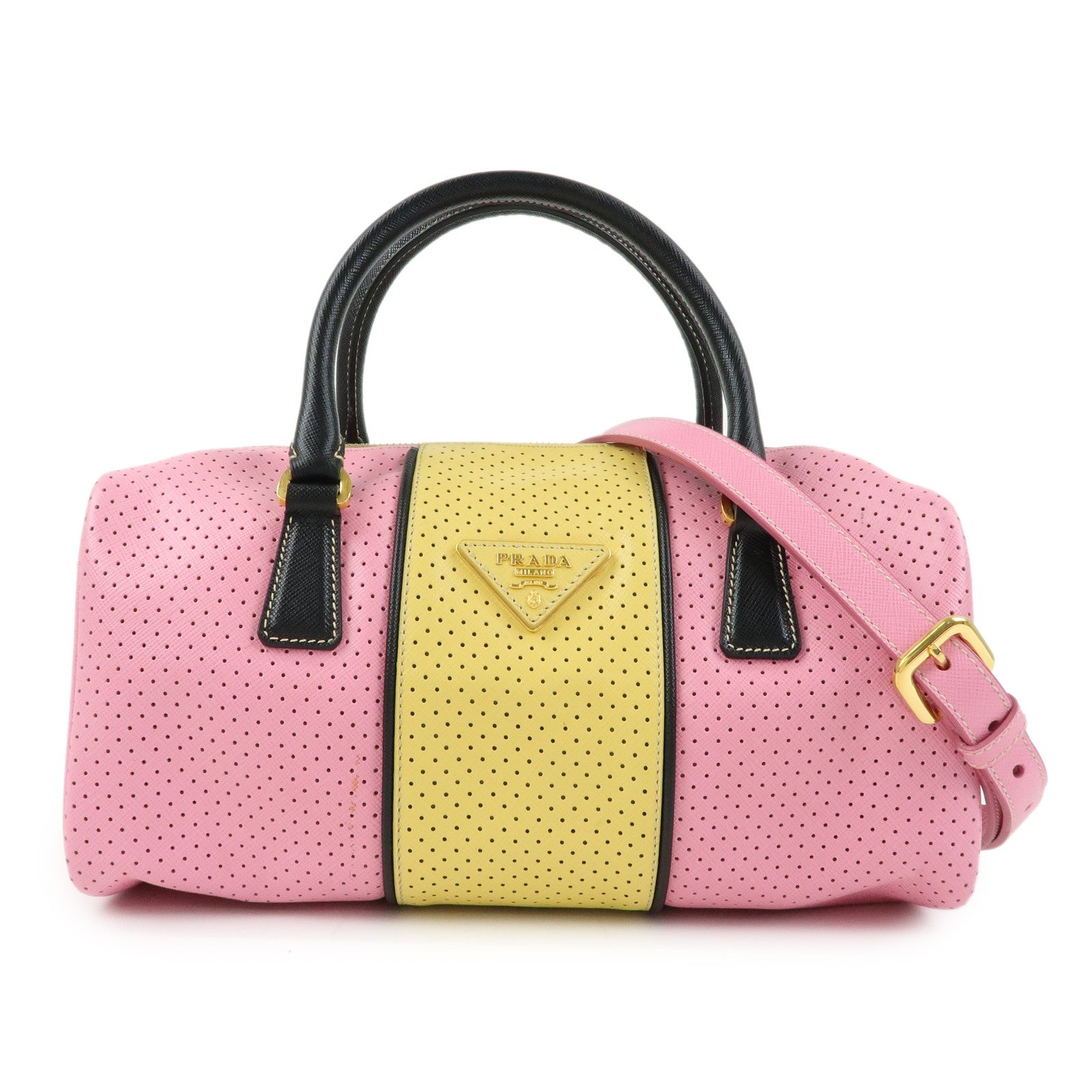 PRADA Triangle Logo Saffiano Punching Leather 2 Way Hand Bag BL0655