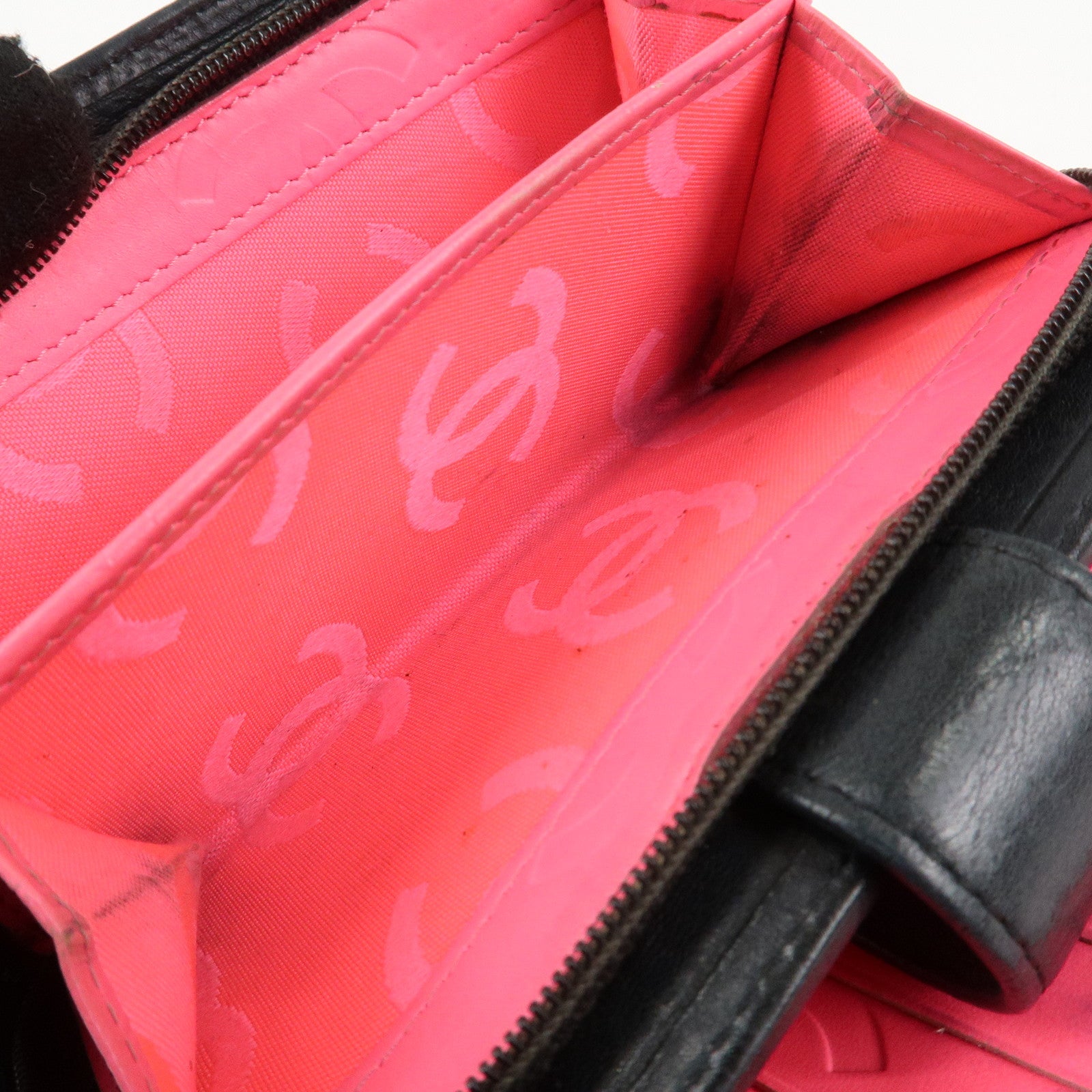 CHANEL Cambon Line COCO Mark Bifold Wallet Black Pink A50080 Used