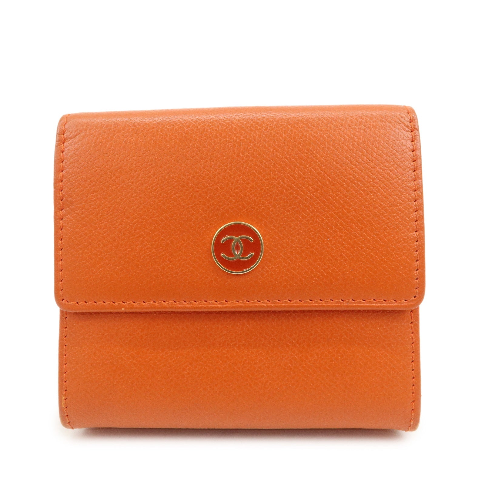 CHANEL COCO Button Leather W Hook Compact Wallet Orange A20902
