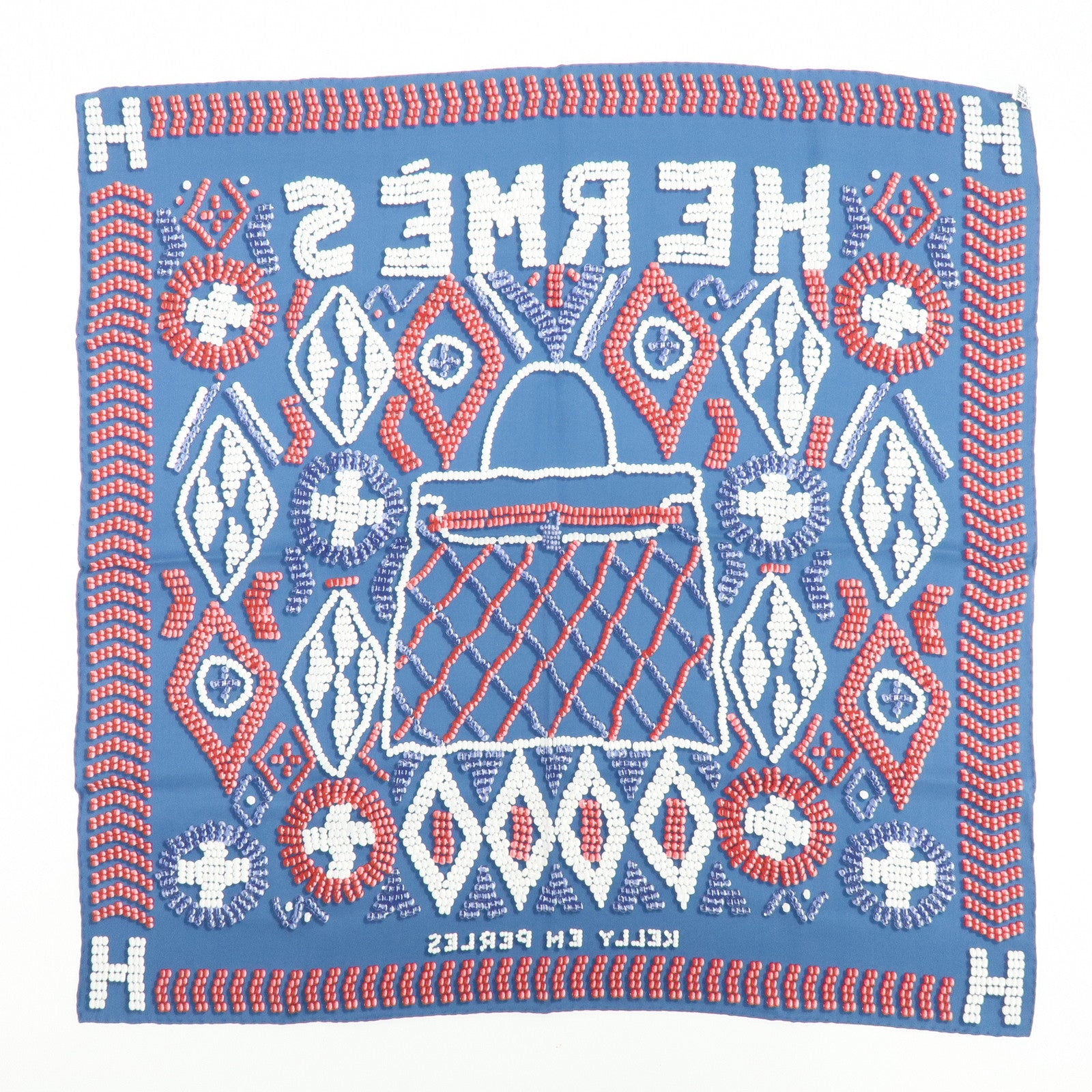 HERMES Carre 65 Silk 100% Scarf KELLY EN PERLES Pearl Print Blue