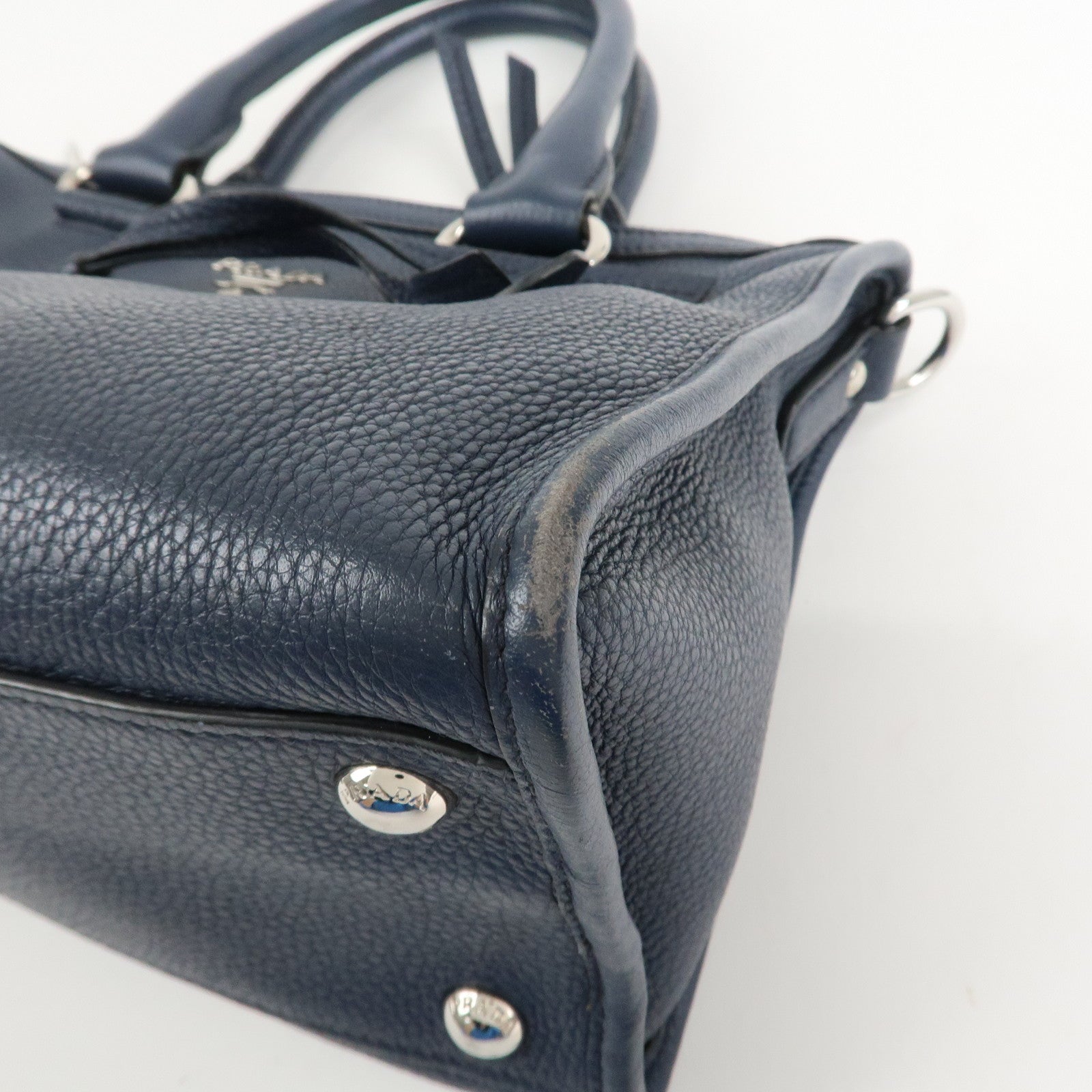 PRADA Logo Leather Vitello Phenix 2WAY Bag Hand Bag Navy 1BB022