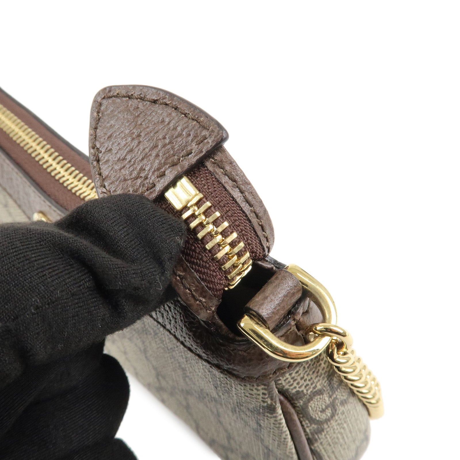 GUCCI Ophidia Leather GG Supreme Chain Pouch Beige Brown 764960 Used