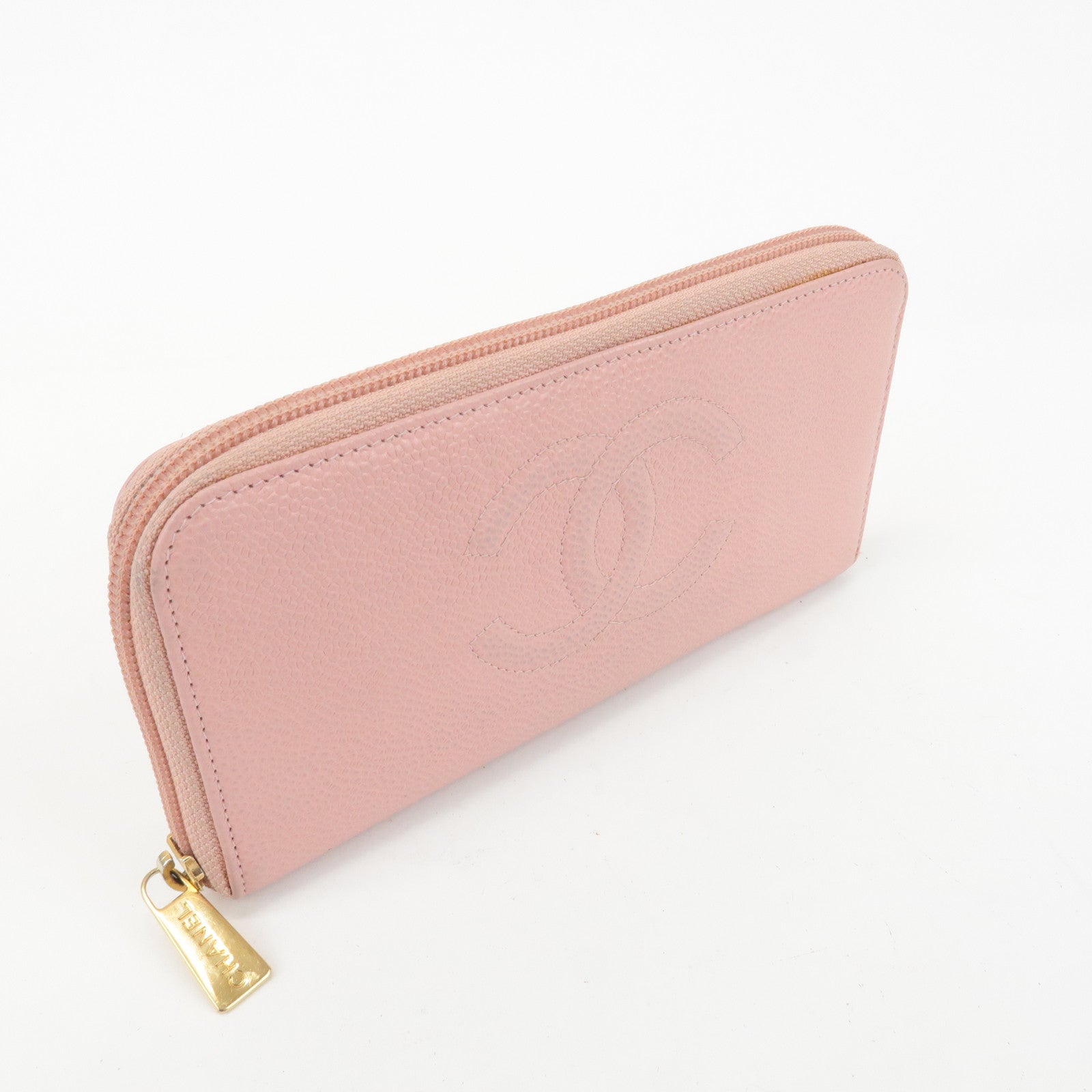 CHANEL COCO Mark Caviarskin Zip Around Long Wallet Pink A50071 Used