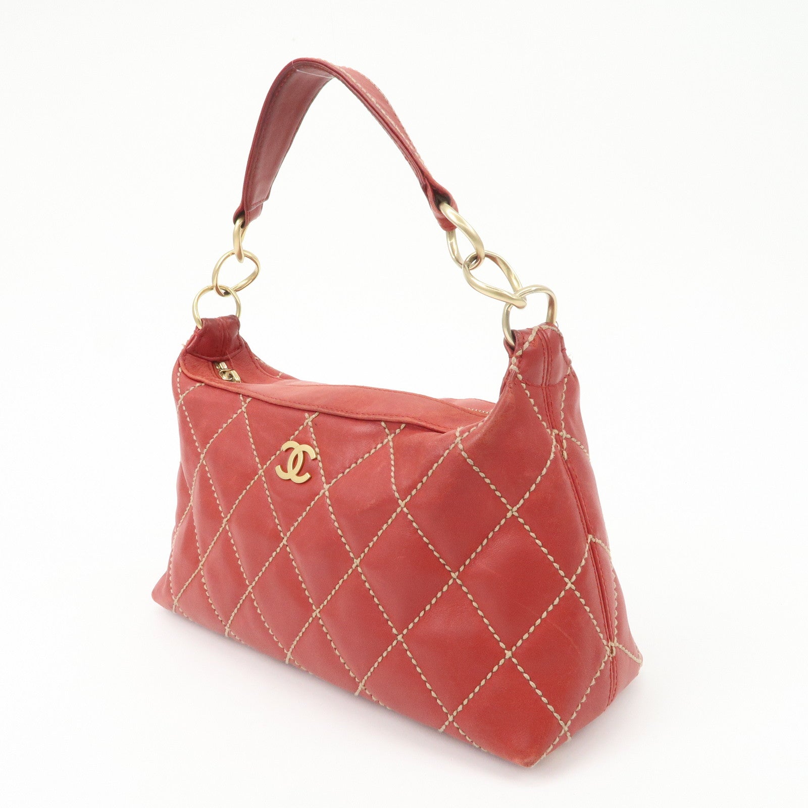 CHANEL COCO Mark Wild Stitch Lamb Skin Leather Hand Bag Red