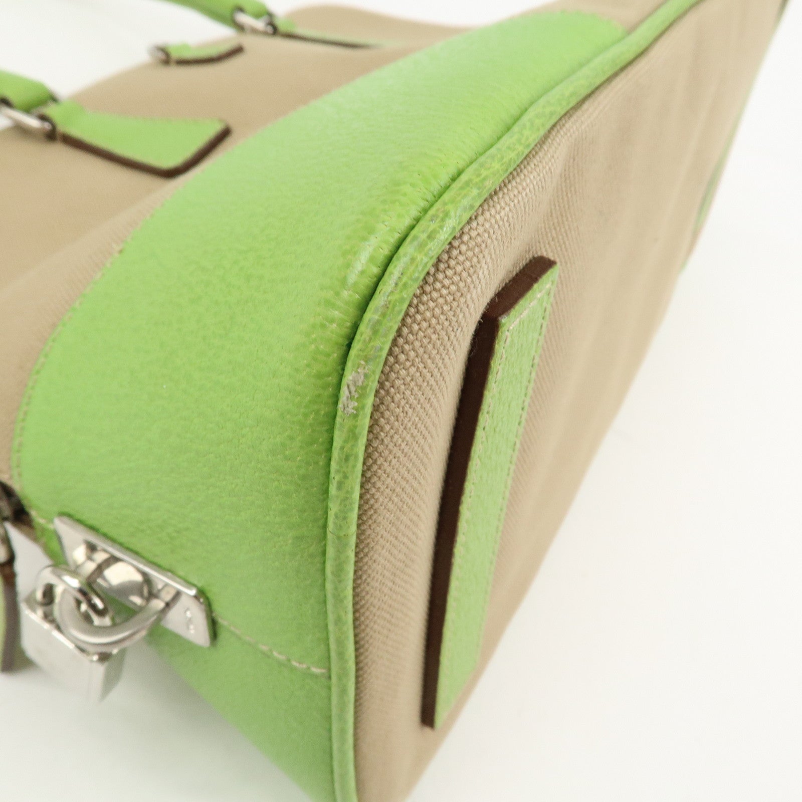 PRADA Canvas Leather Tote Bag Hand Bag Beige Light Green BN0082