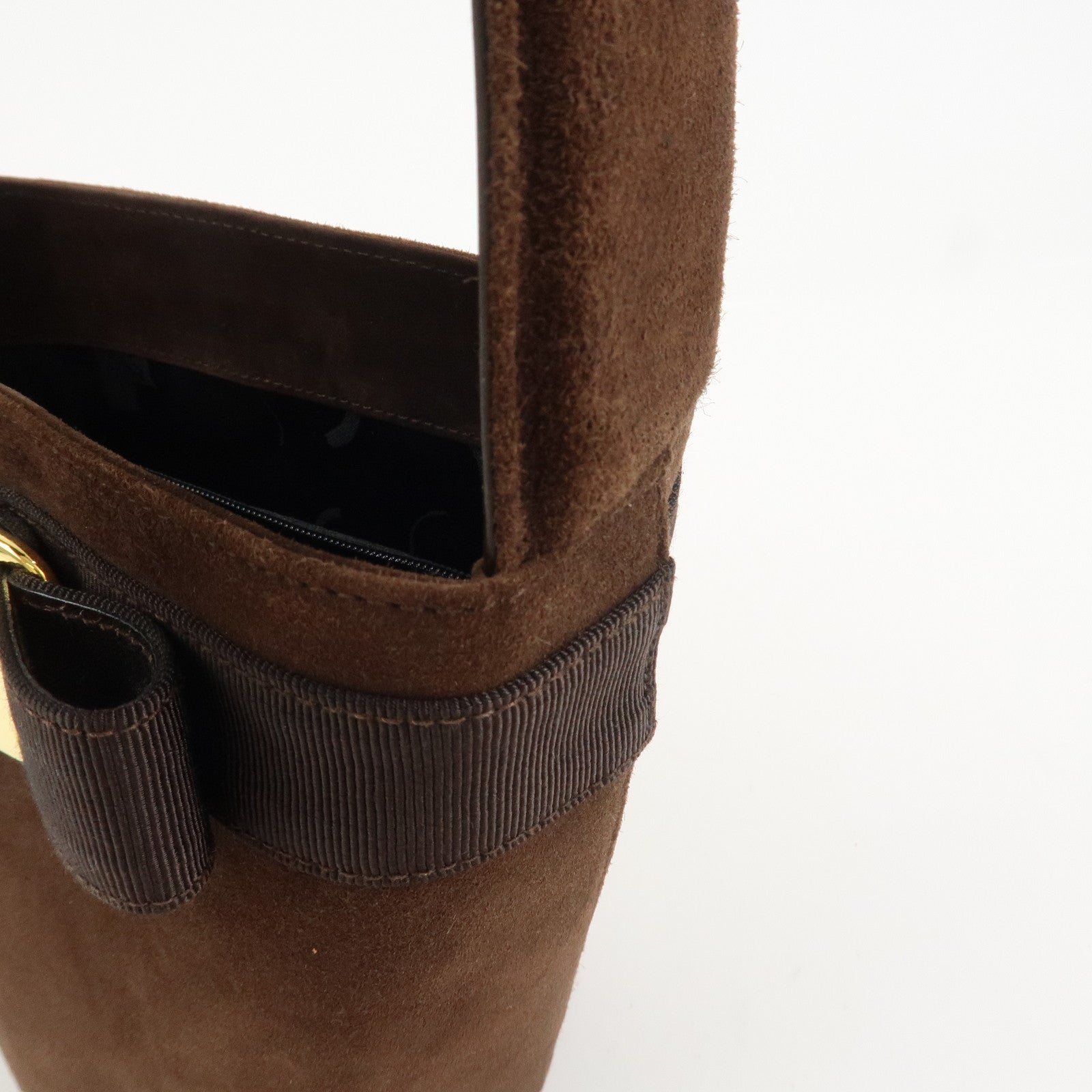 Ferragamo Vara Ribbon Suede Leather Hand Bag Brown Gold