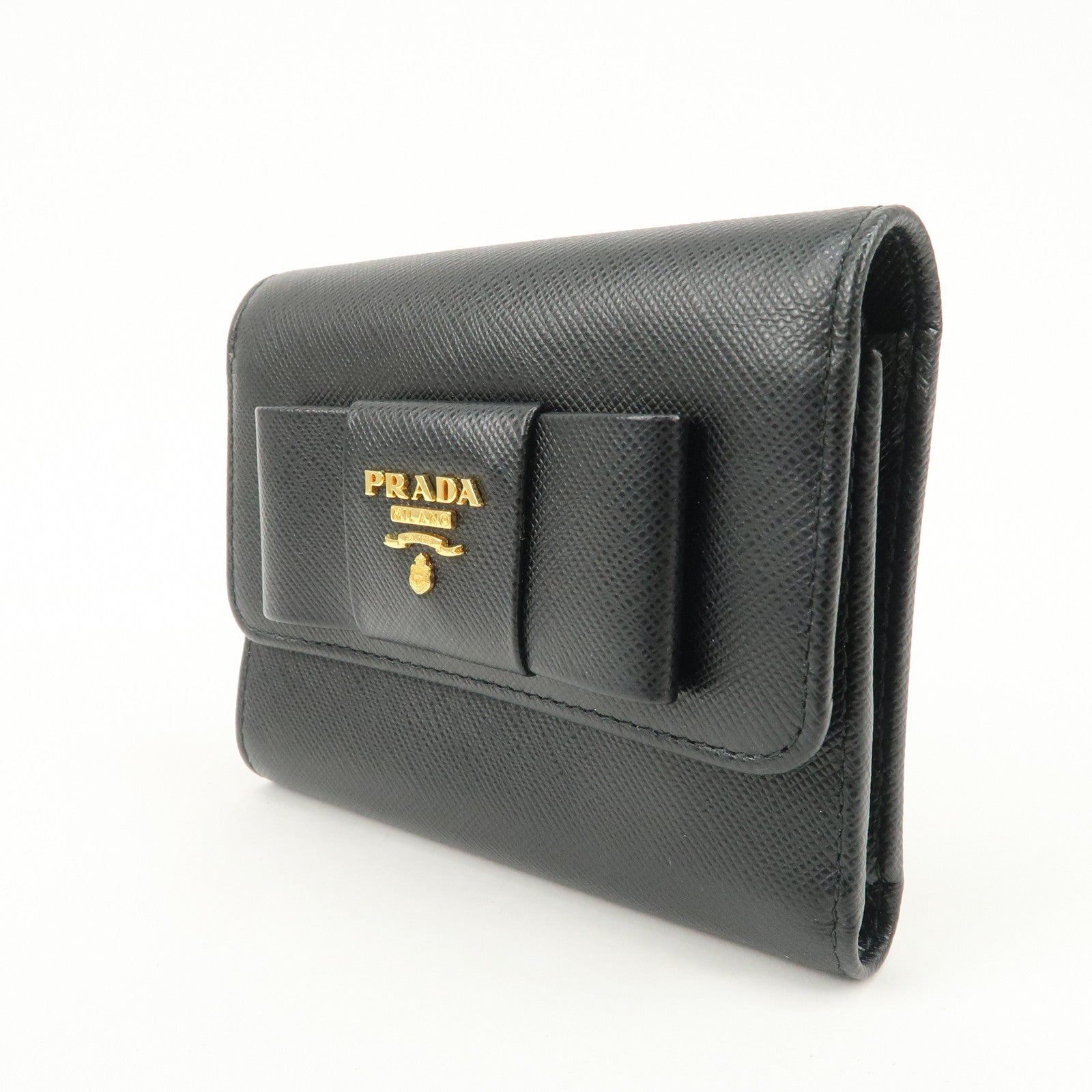 PRADA Leather Ribbon Tri-fold Wallet Black 1MH840 Used