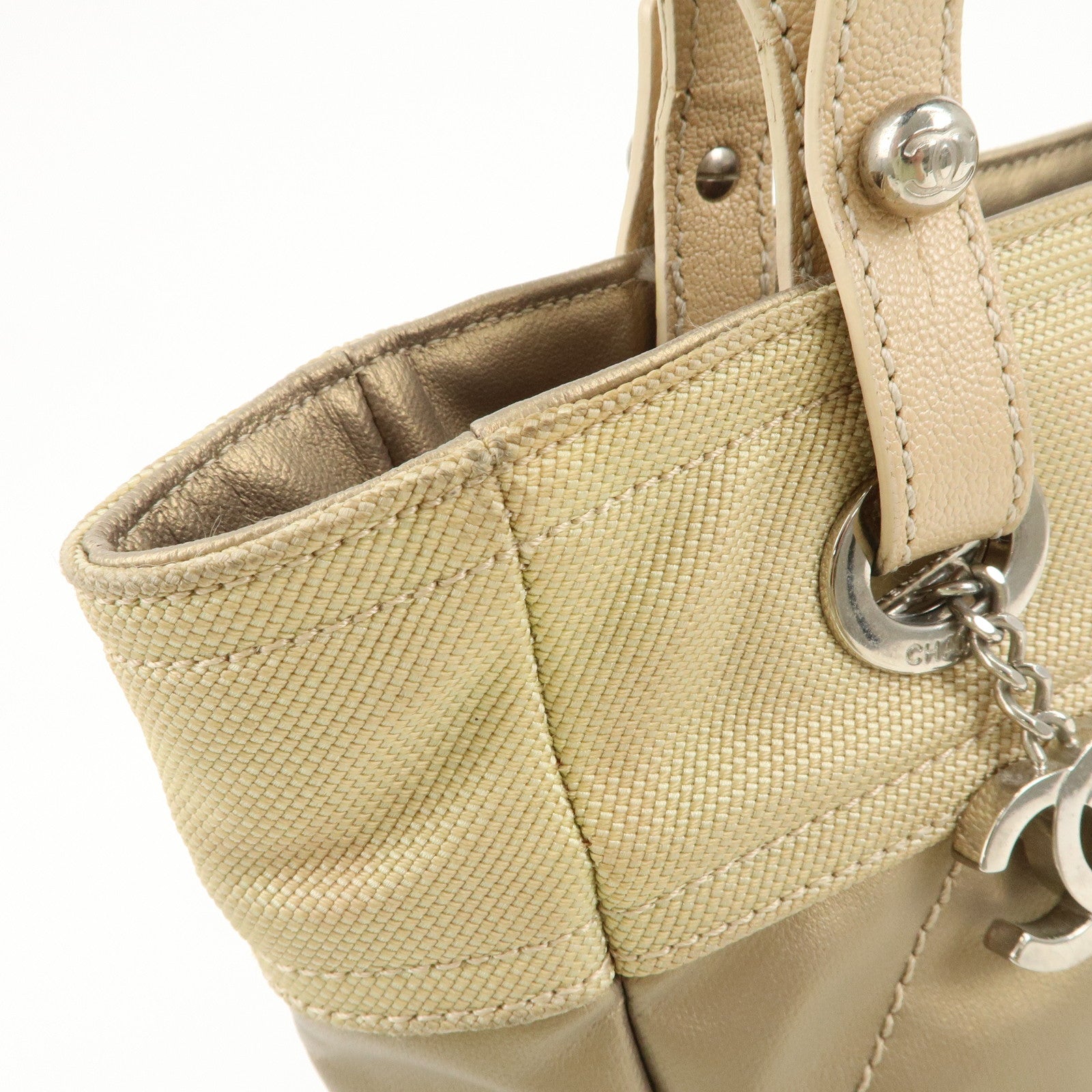 CHANEL Paris Biarritz PVC Canvas Leather Tote Bag PM A34208 Used