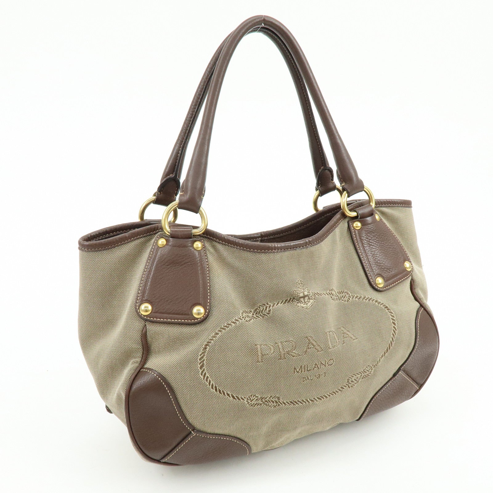 PRADA Logo Jacquard Leather Tote Bag Hand Bag Beige Brown