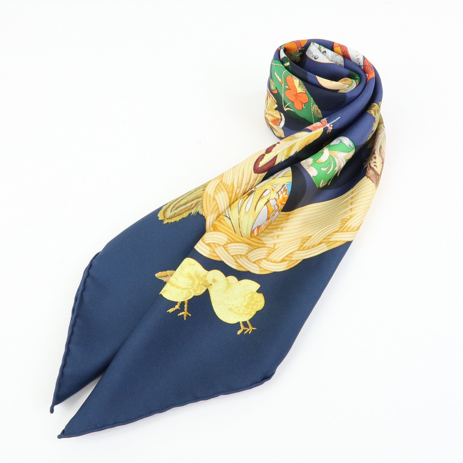HERMES Carre 90 Silk 100% Scarf COUVEE D HERMES Egg Print Navy Gold