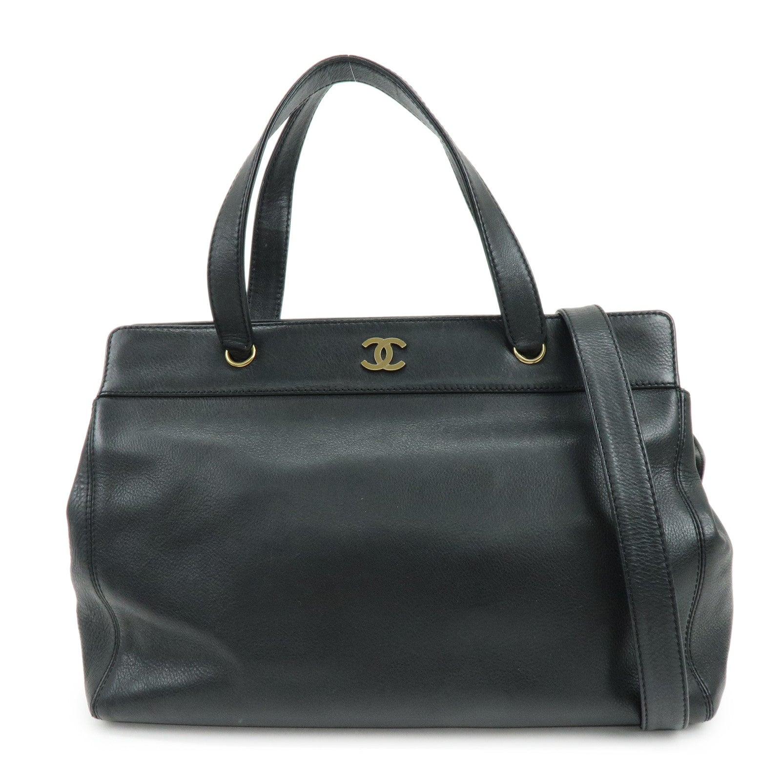 CHANEL Calf Leather 2Way Bag Shoulder Bag Tote Bag Black Gold