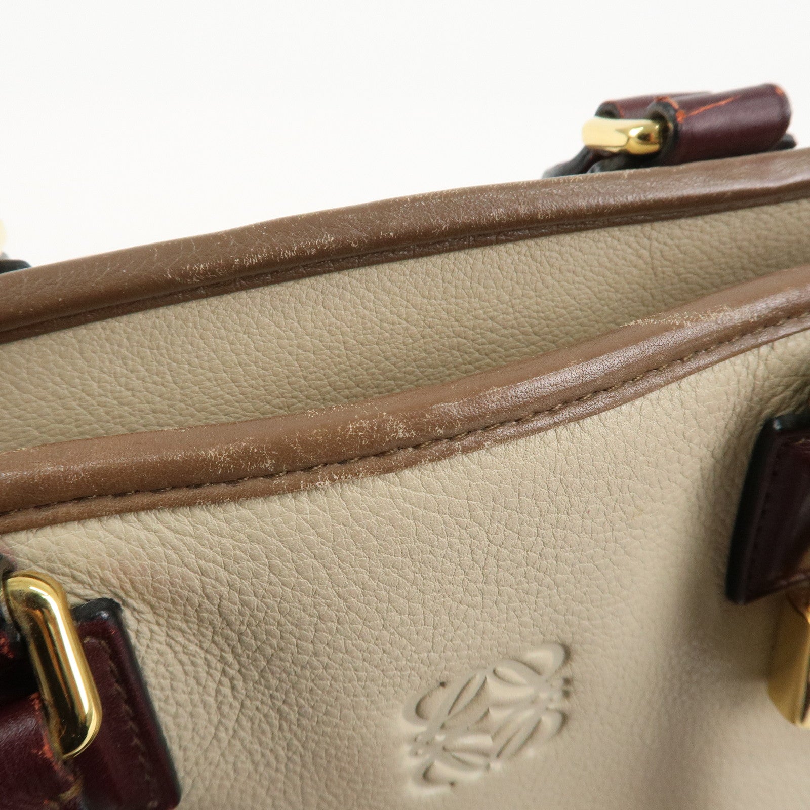 LOEWE Anagram Amazona 28 Leather Hand Bag Brown Ivory Bordeaux Used