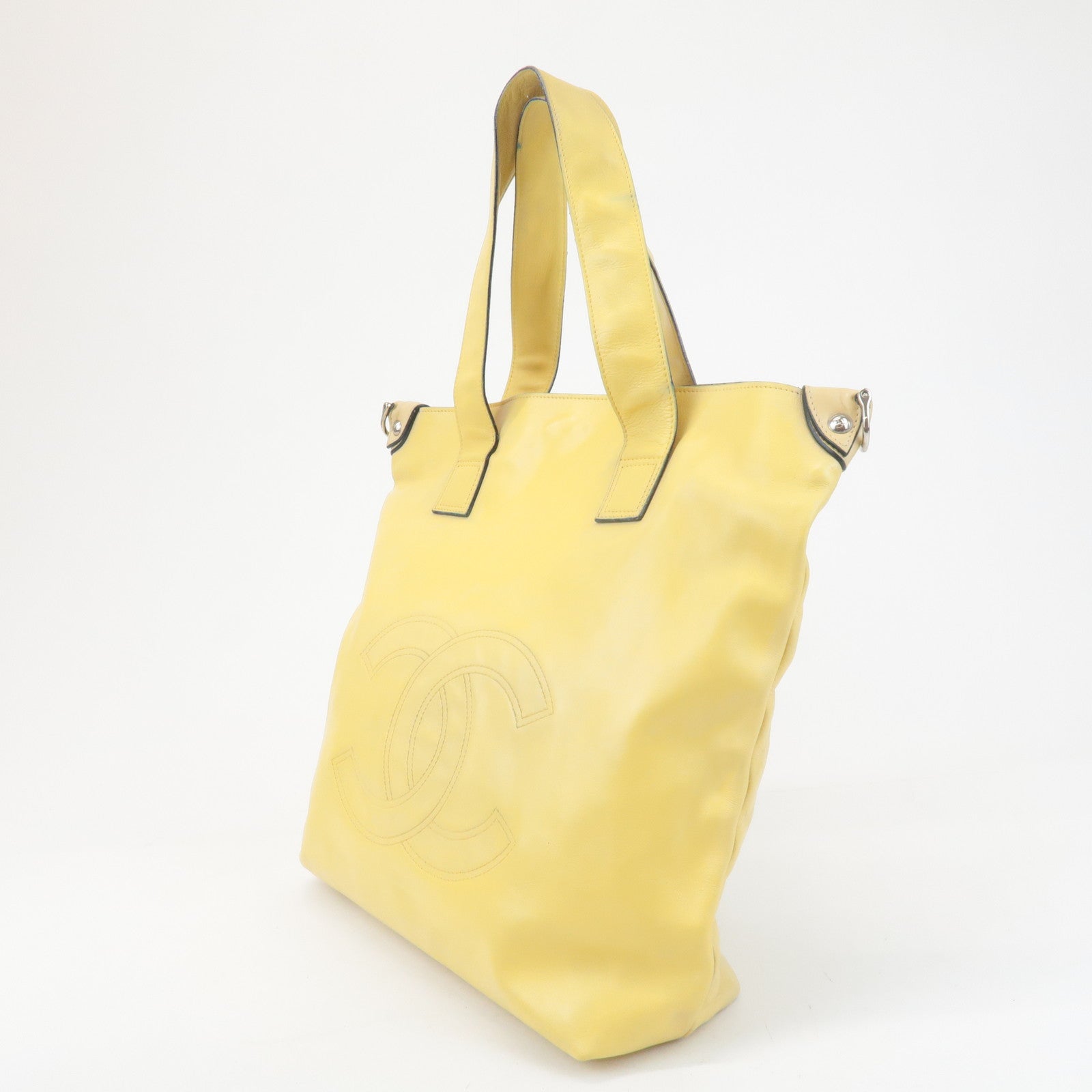 CHANEL COCO Mark Lamb Skin 2Way Bag Tote Bag Yellow Used