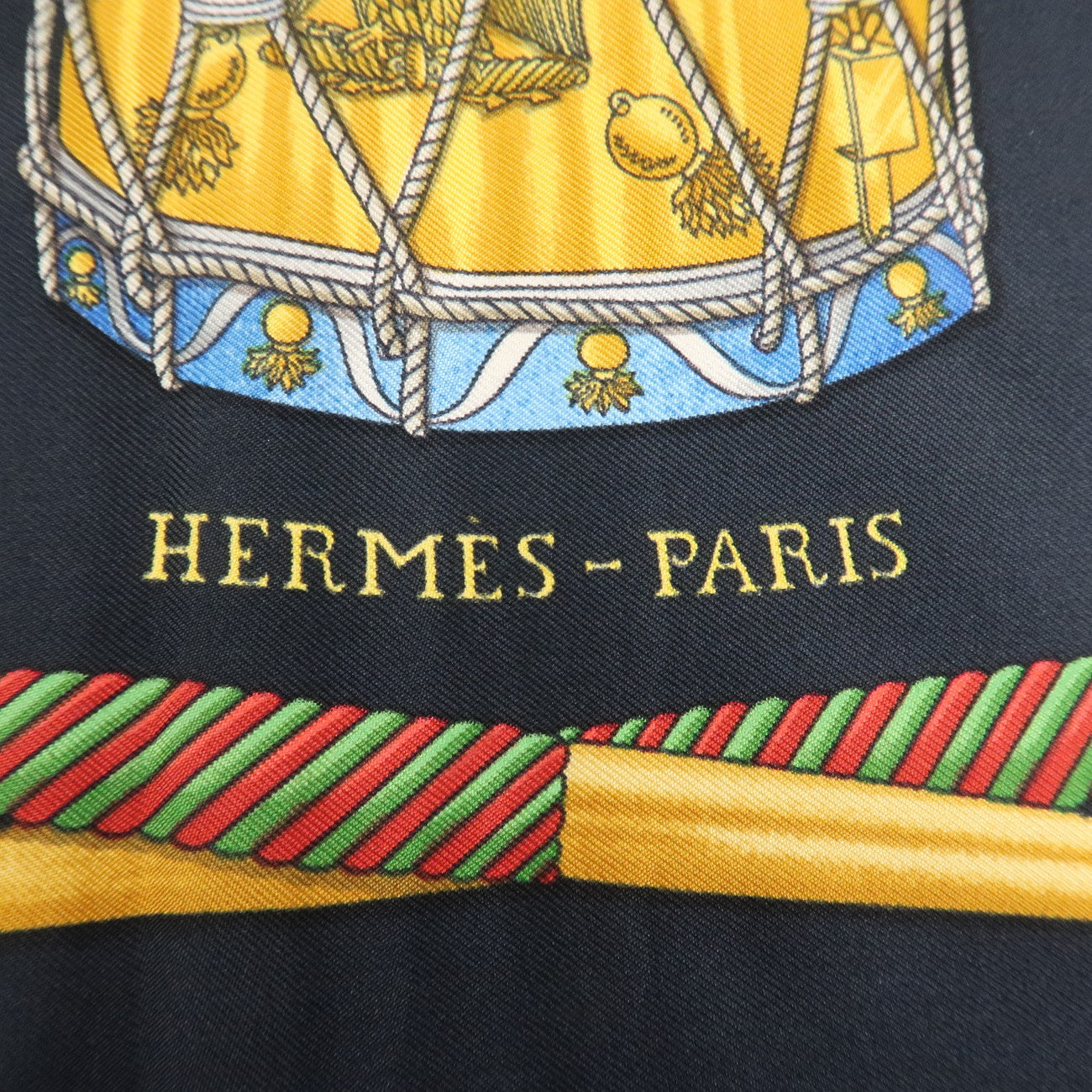 HERMES Carre 90 Silk 100% Scarf LES TAMBOURS Black Multicolor Used