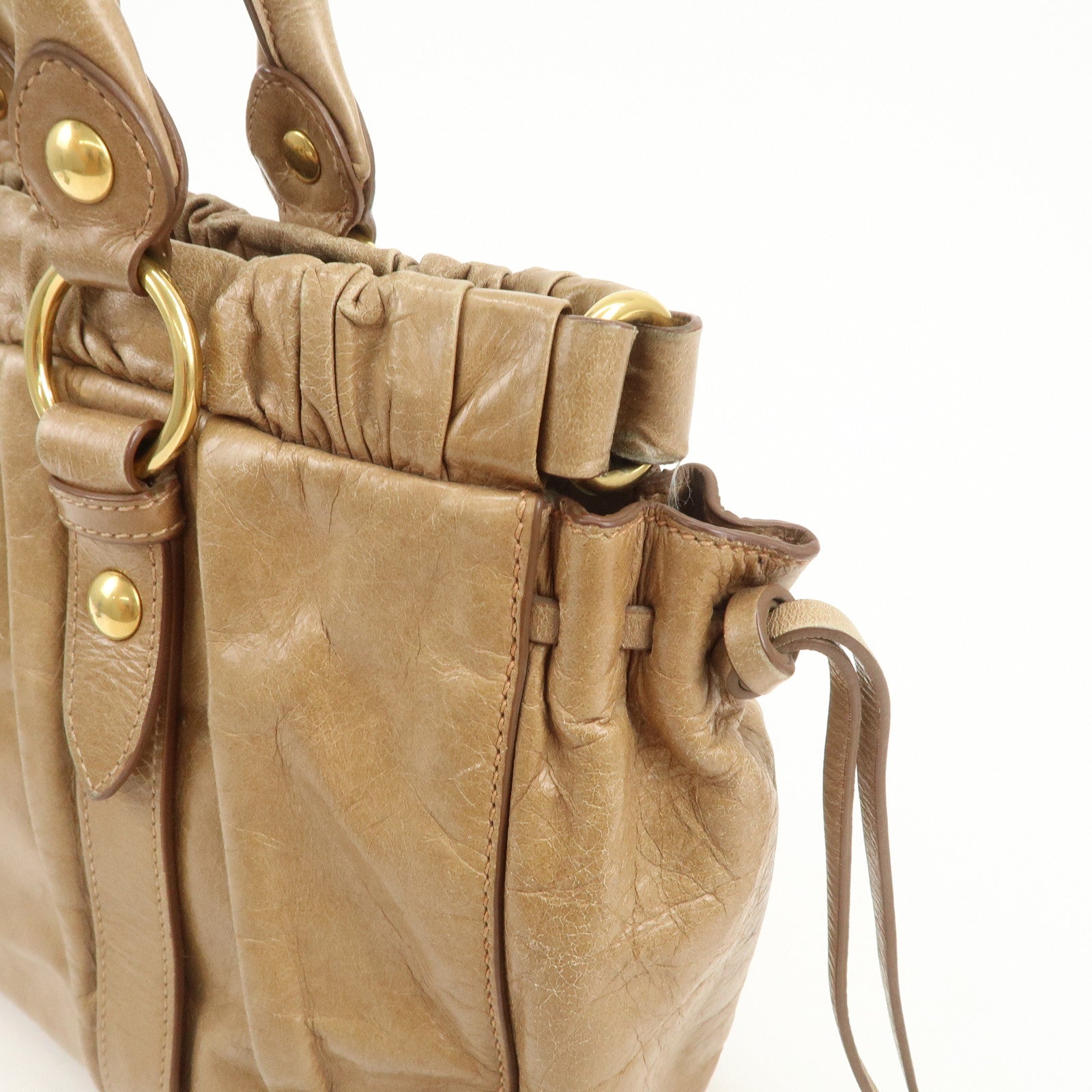 MIU MIU Leather 2Way Gathered Hand Bag Shoulder Bag Brown RT0383