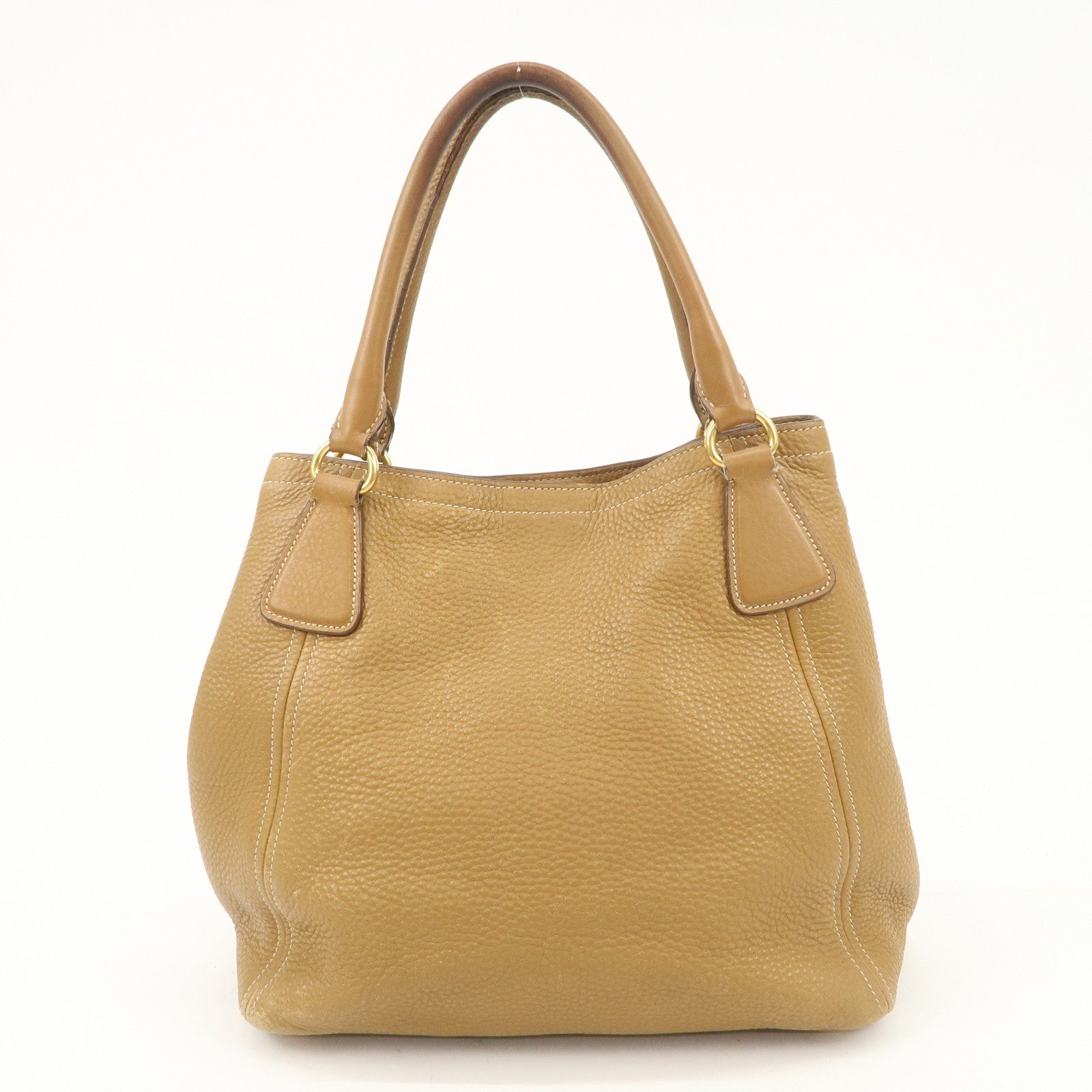 PRADA Leather Tote Bag Hand Bag Shoulder Bag Beige Gold HDW Used