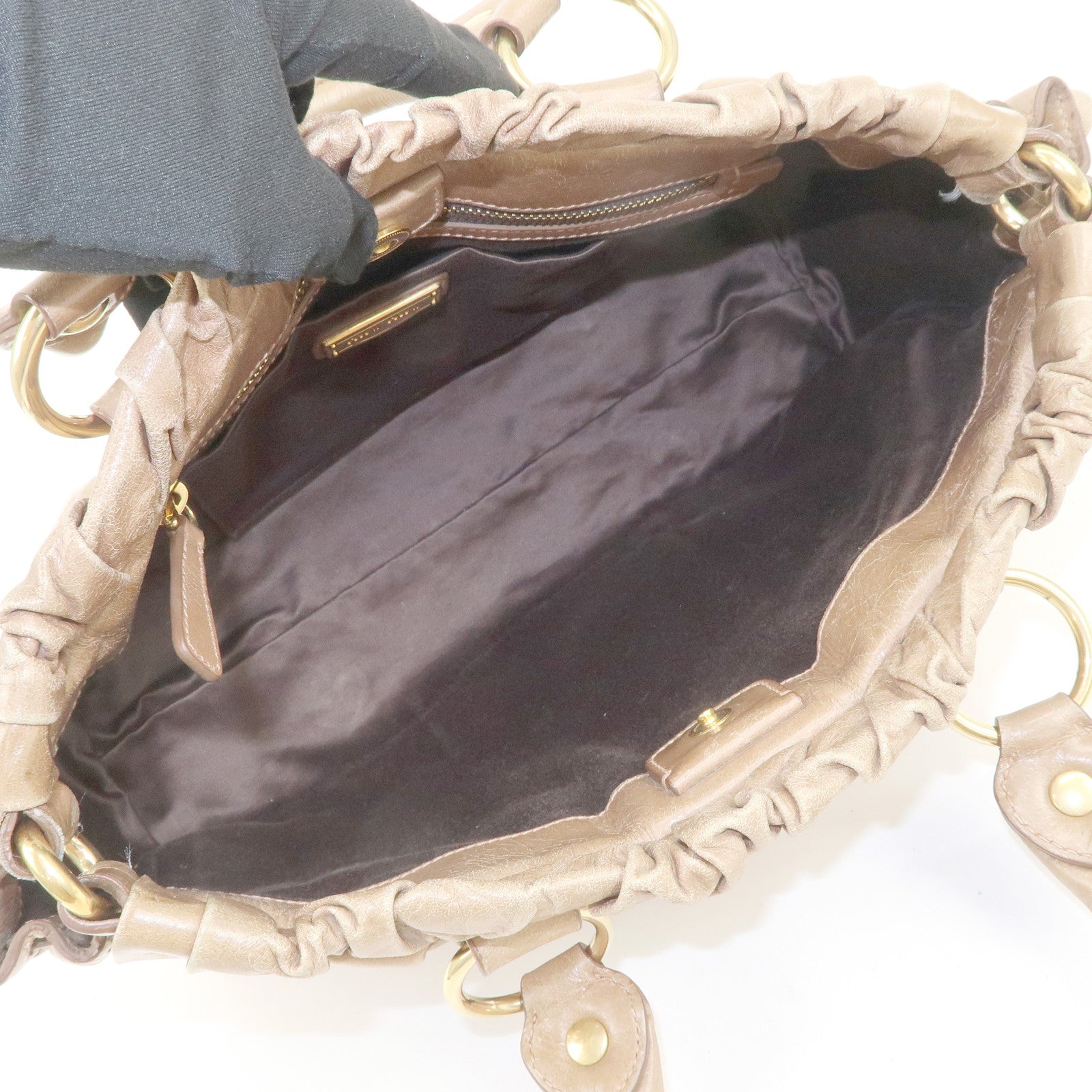 MIU MIU Leather 2Way Gathered Hand Bag Shoulder Bag Brown RT0383