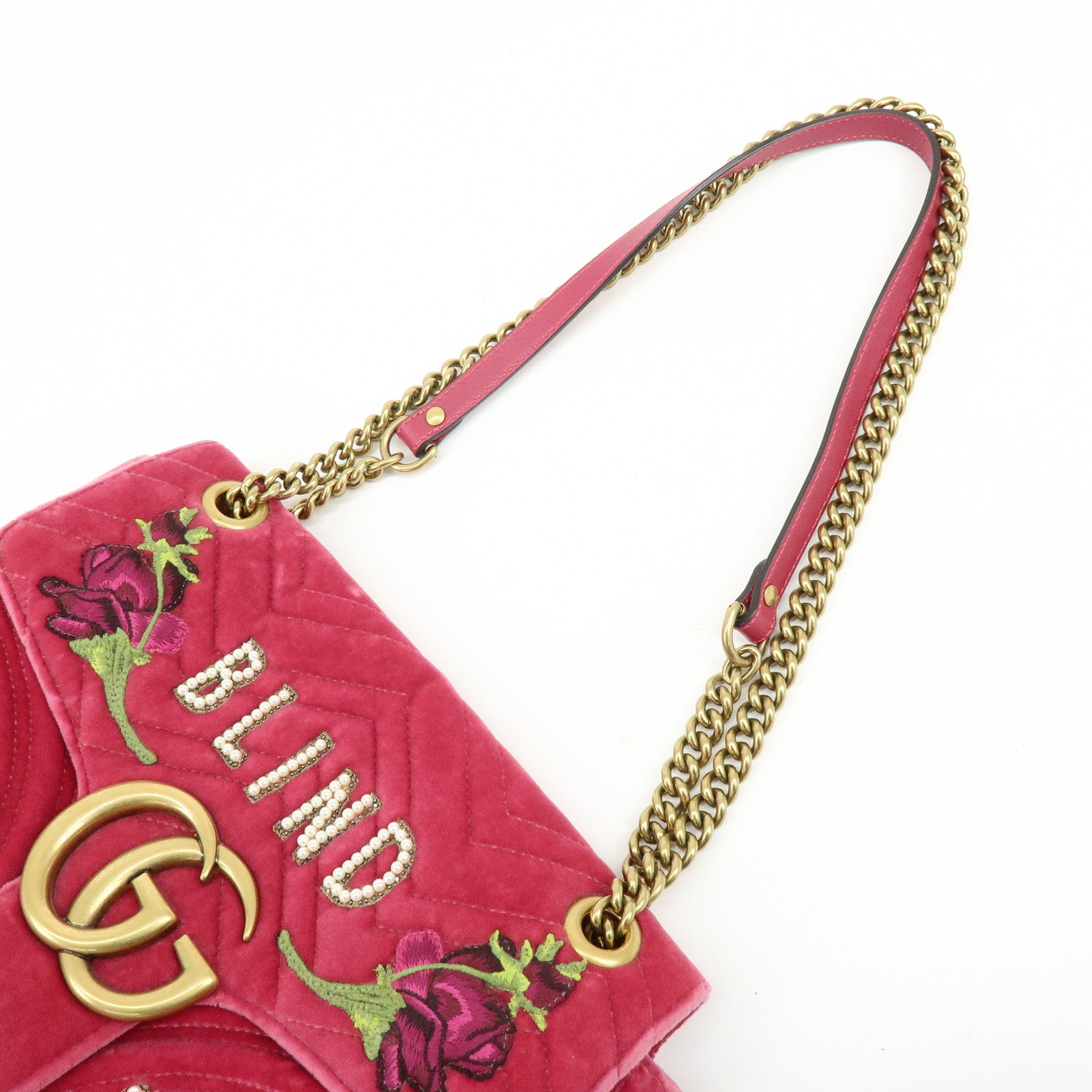 GUCCI GG Marmont Velour Leather Chain Shoulder Bag Pink 443496