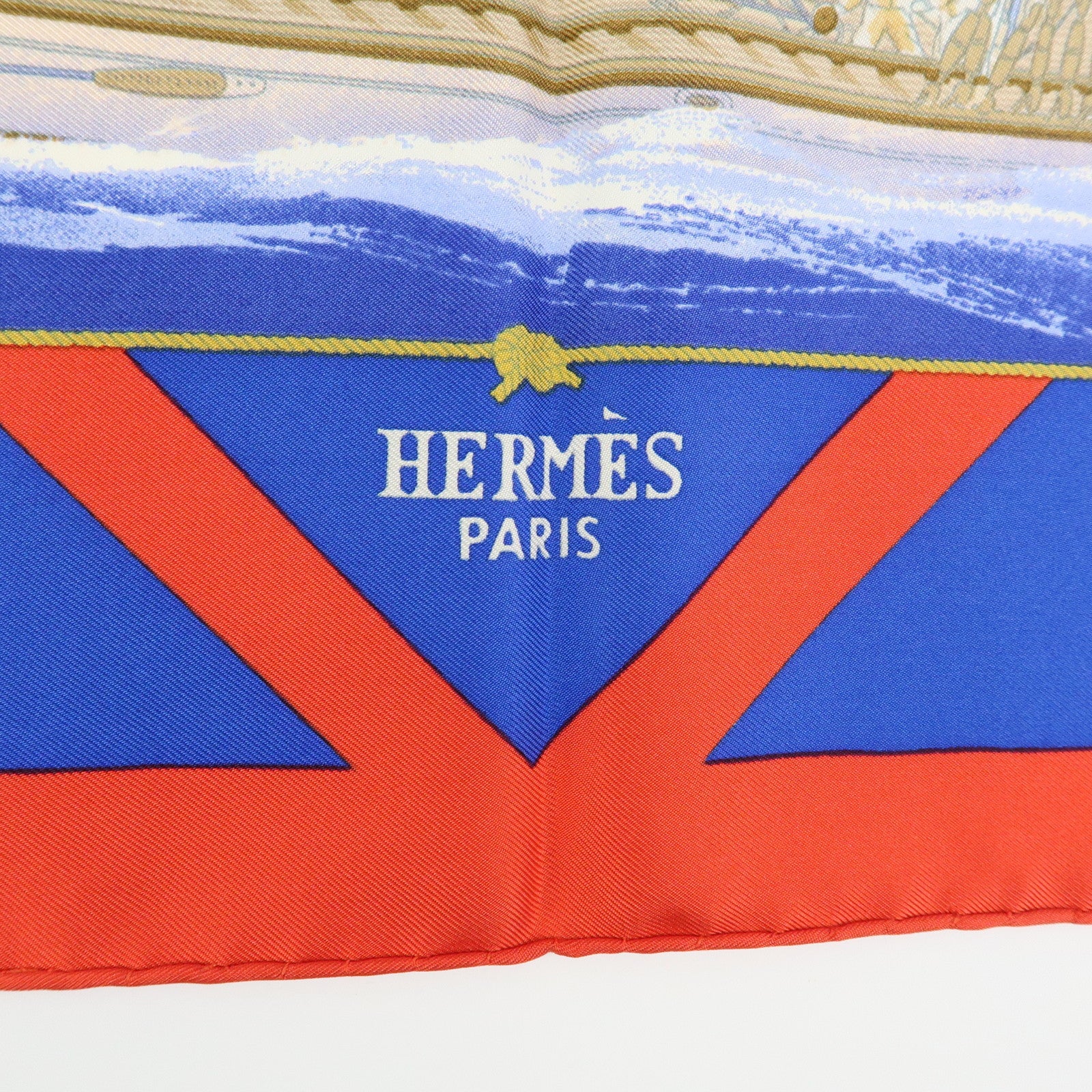 HERMES Carre 90 Silk 100% Scarf RAFALES Ship Print Blue Red