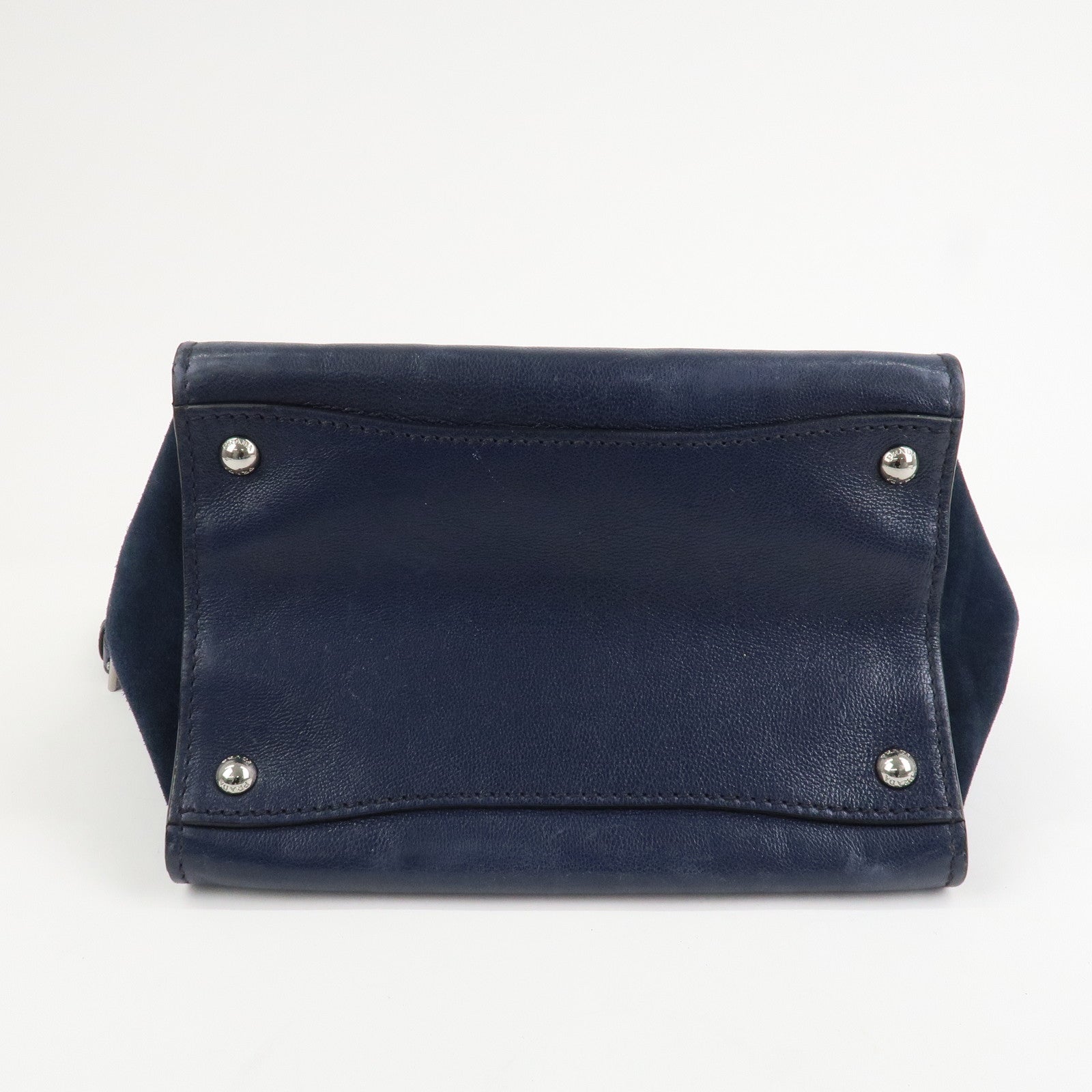 PRADA Triangle Logo Leather 2Way Bag Tote Bag Hand Bag Navy B2625M
